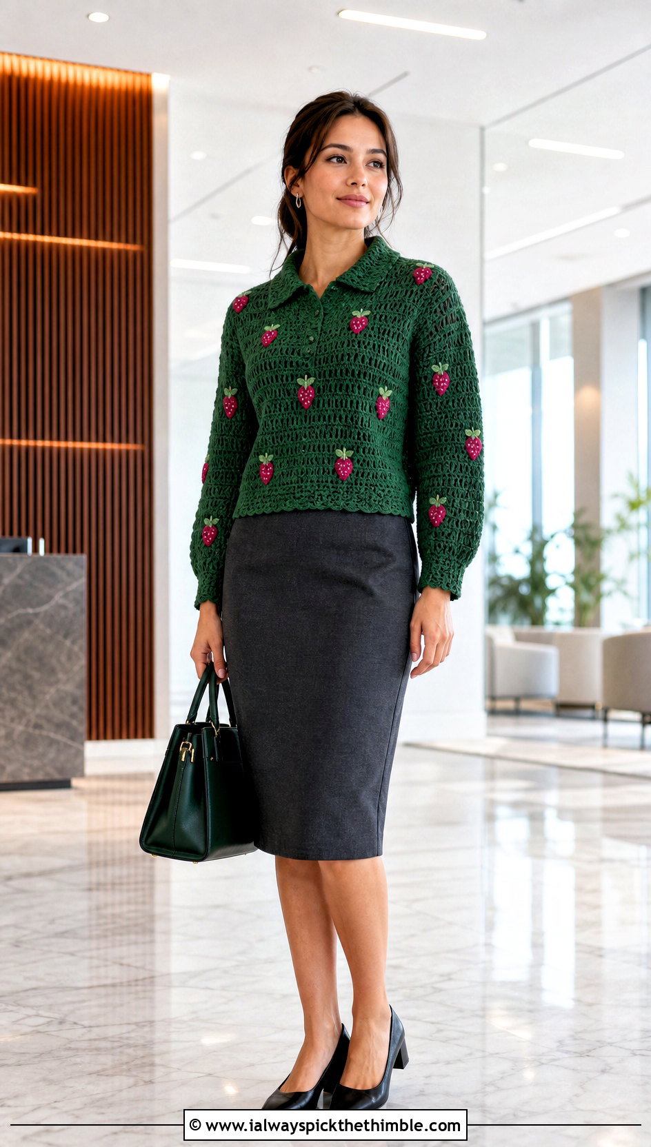 Strawberry Collared Crochet Sweater With Pencil Skirt - 15 Strawberry Crochet Sweater outfit ideas