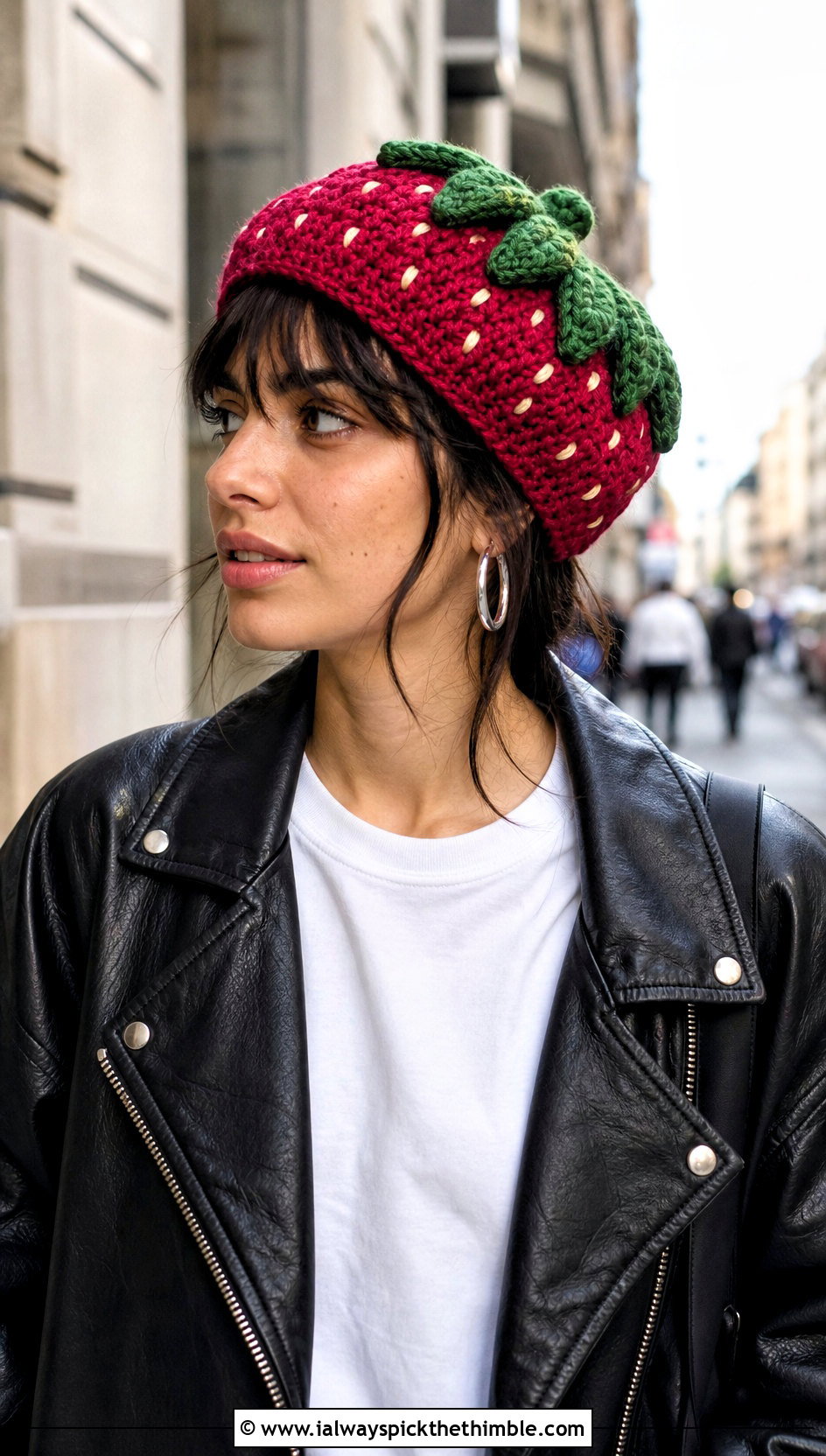 Strawberry Crochet Beanie With Leather Jacket - 20 strawberry crochet hat outfit ideas