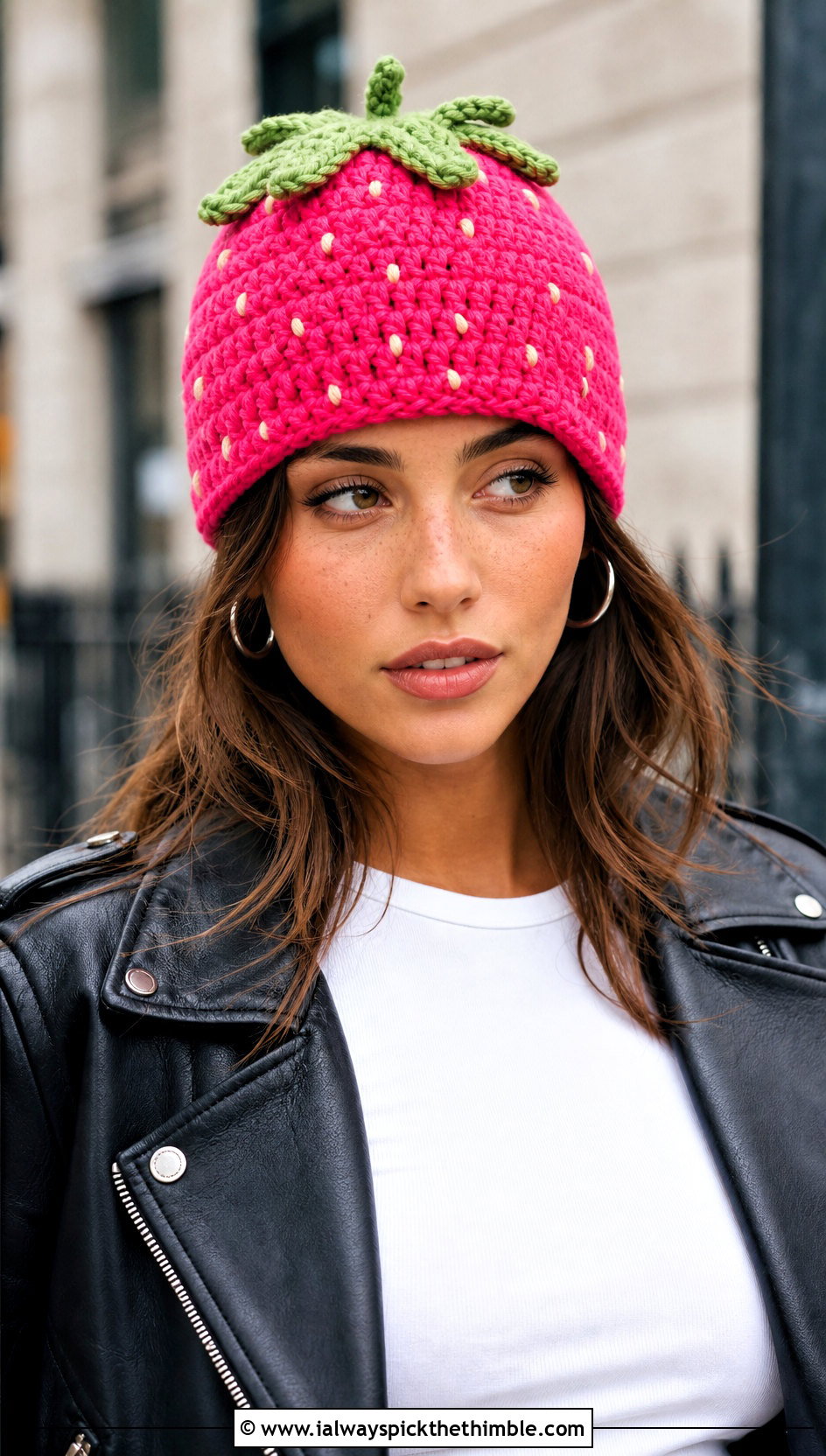Strawberry Crochet Beanie With Leather Jacket - 20 crochet fruit beanie outfit ideas
