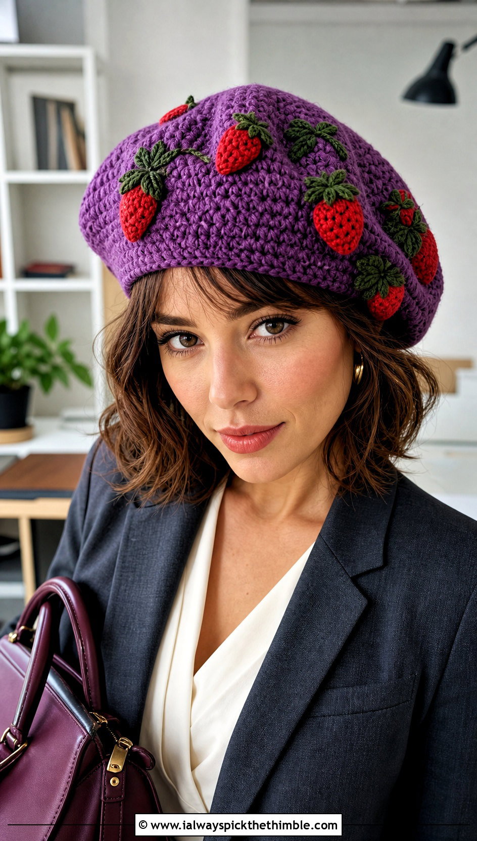 Strawberry Crochet Beret With Blazer And Trousers - 20 strawberry crochet hat outfit ideas