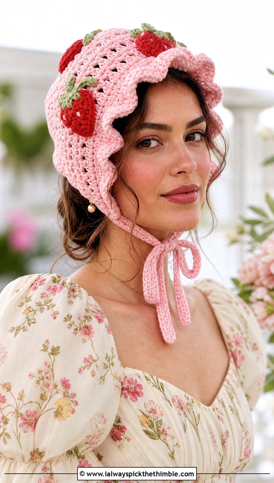 Strawberry Crochet Bonnet With Floral Midi Dress - 20 strawberry crochet hat outfit ideas