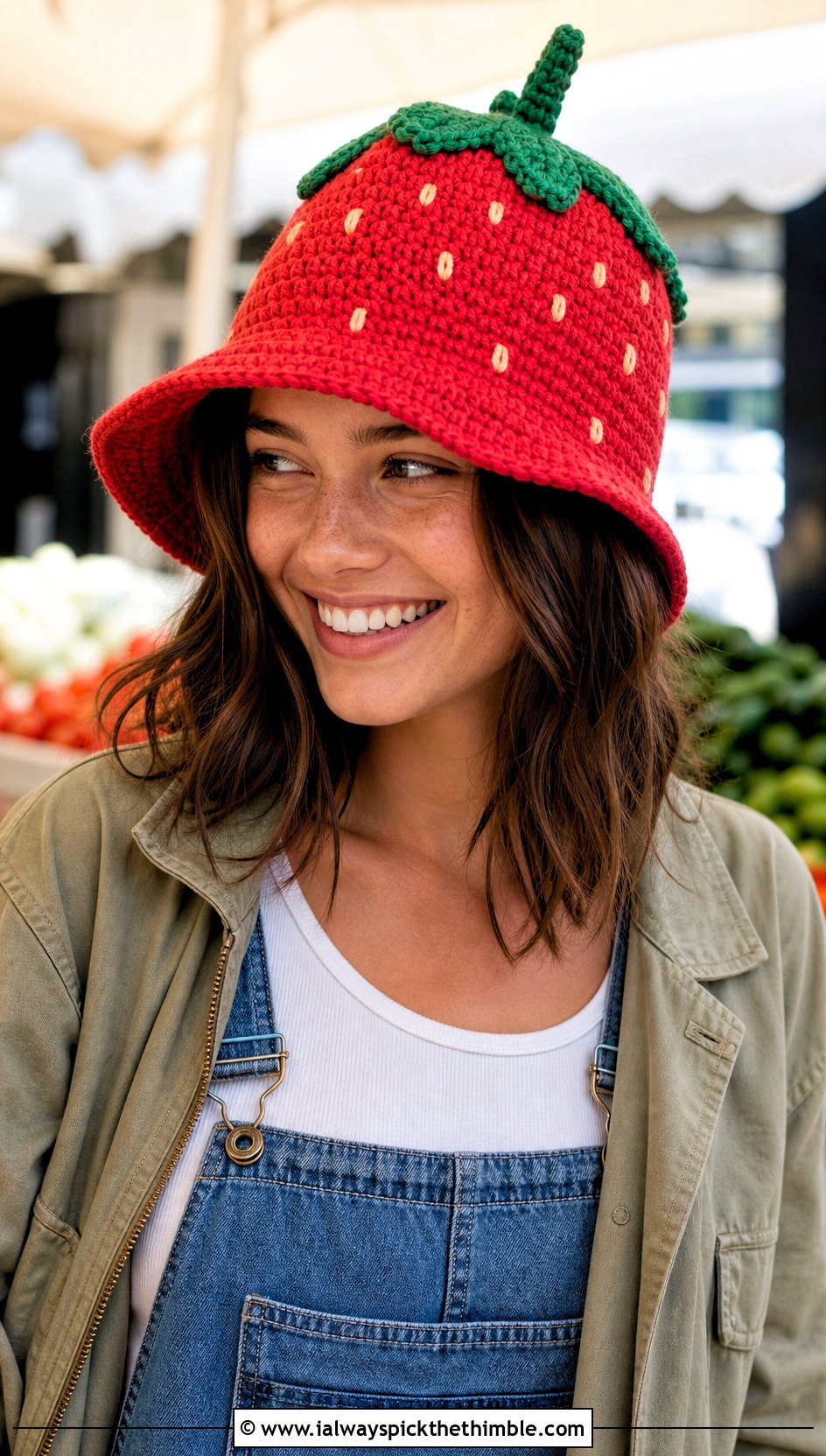 Strawberry Crochet Bucket Hat With Denim Overalls - 20 strawberry crochet hat outfit ideas