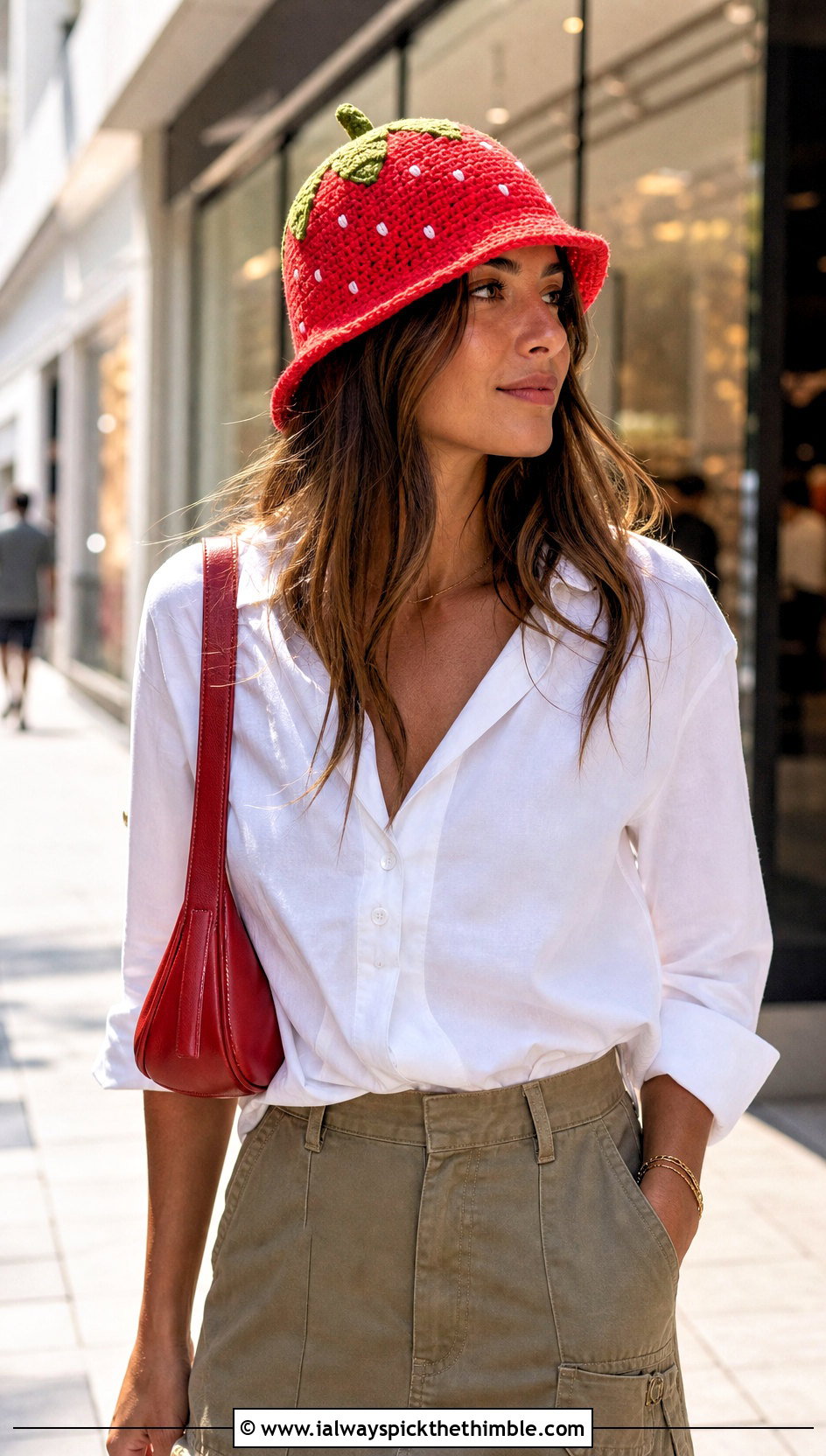 Strawberry Crochet Bucket Hat With White Shirt And Cargo Skirt - 20 funny crochet hat outfit ideas