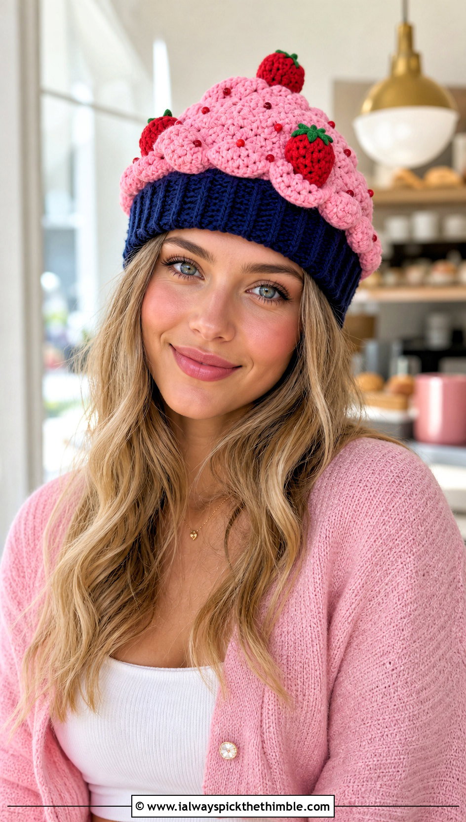 Strawberry Crochet Cupcake Hat With Cardigan And Jeans - 20 crochet cupcake hat outfit ideas