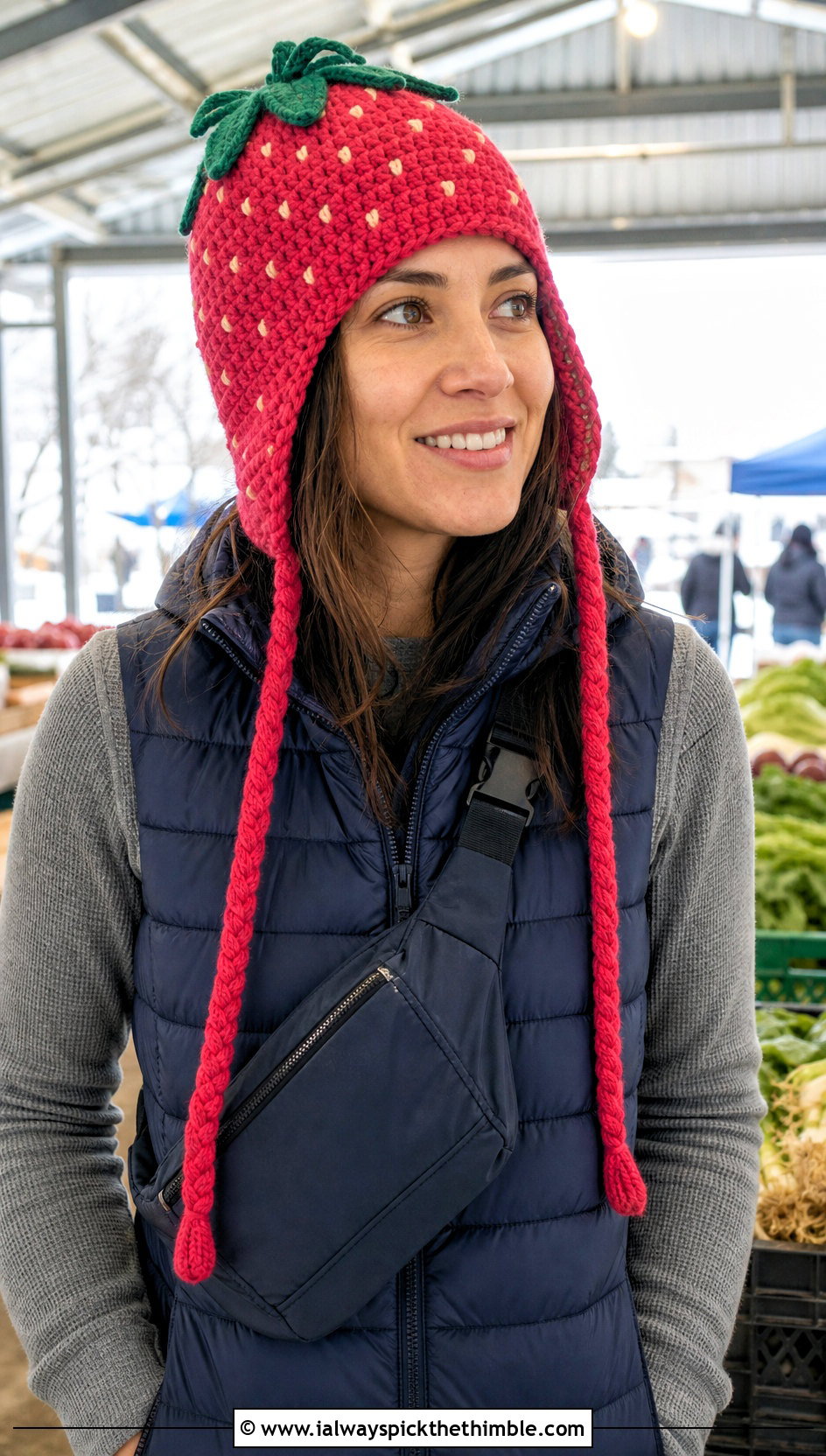 Strawberry Crochet Earflap Hat With Puffer Vest - 20 strawberry crochet hat outfit ideas