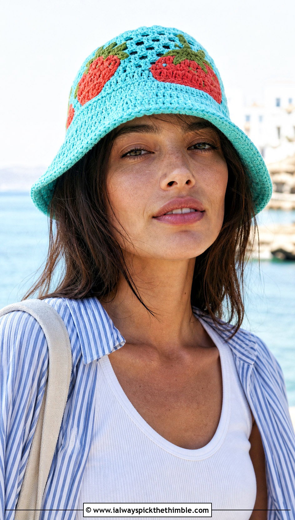 Strawberry Crochet Fisherman Hat With Denim Maxi Skirt - 20 strawberry crochet hat outfit ideas