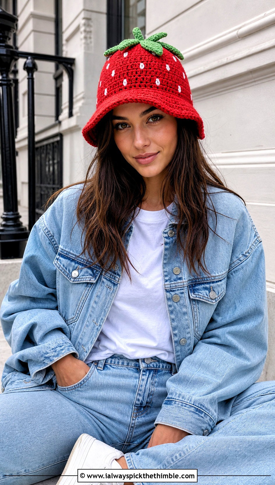 Strawberry Crochet Fruit Bucket Hat With Denim Jacket - 20 crochet fruit bucket hat outfit ideas