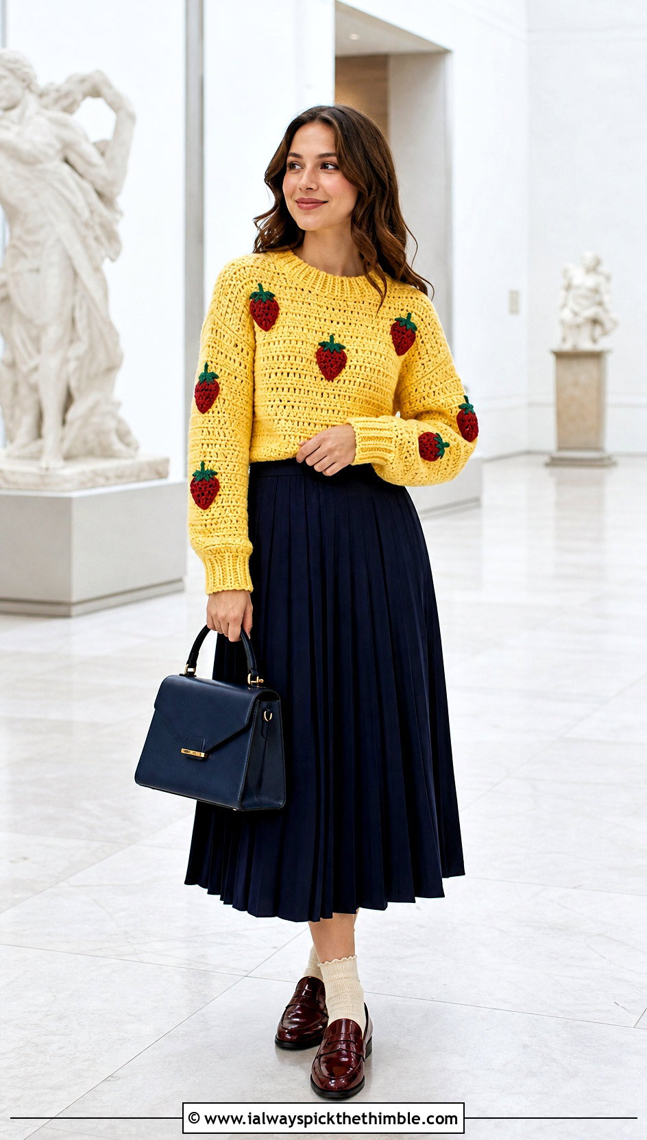 Strawberry Crochet Mabel Pines Sweater With Pleated Midi Skirt - 20 crochet mabel pines sweater outfit ideas