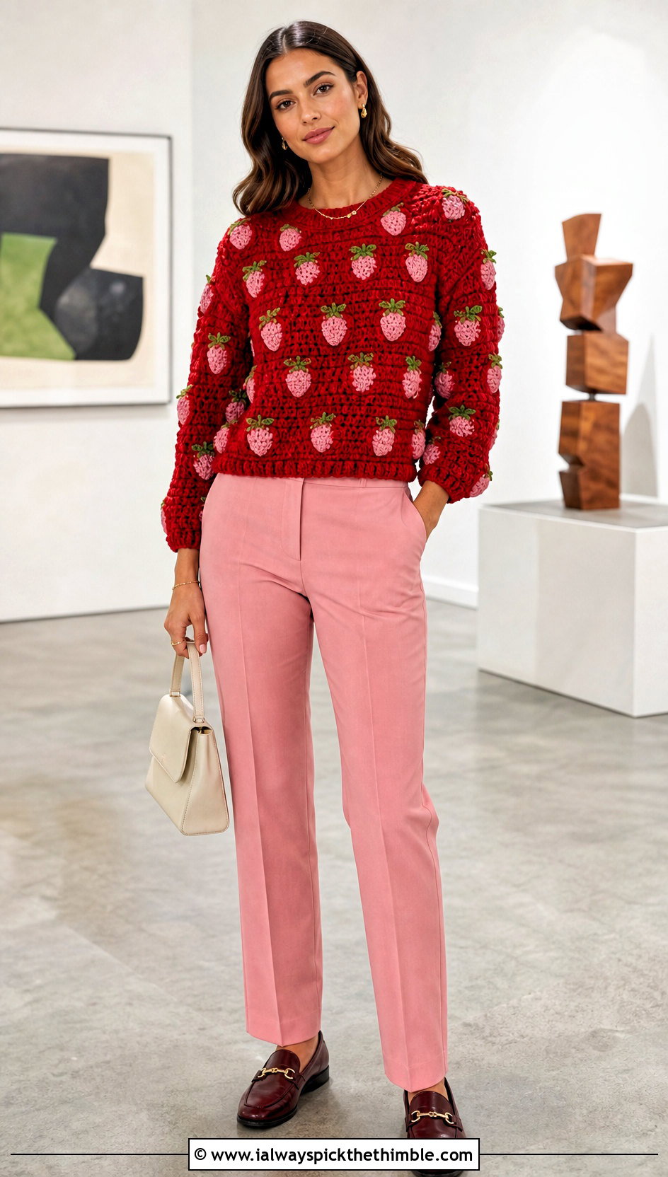 Strawberry Crochet Mabel Sweater With Tailored Pink Trousers - 25 crochet mabel sweater outfit ideas