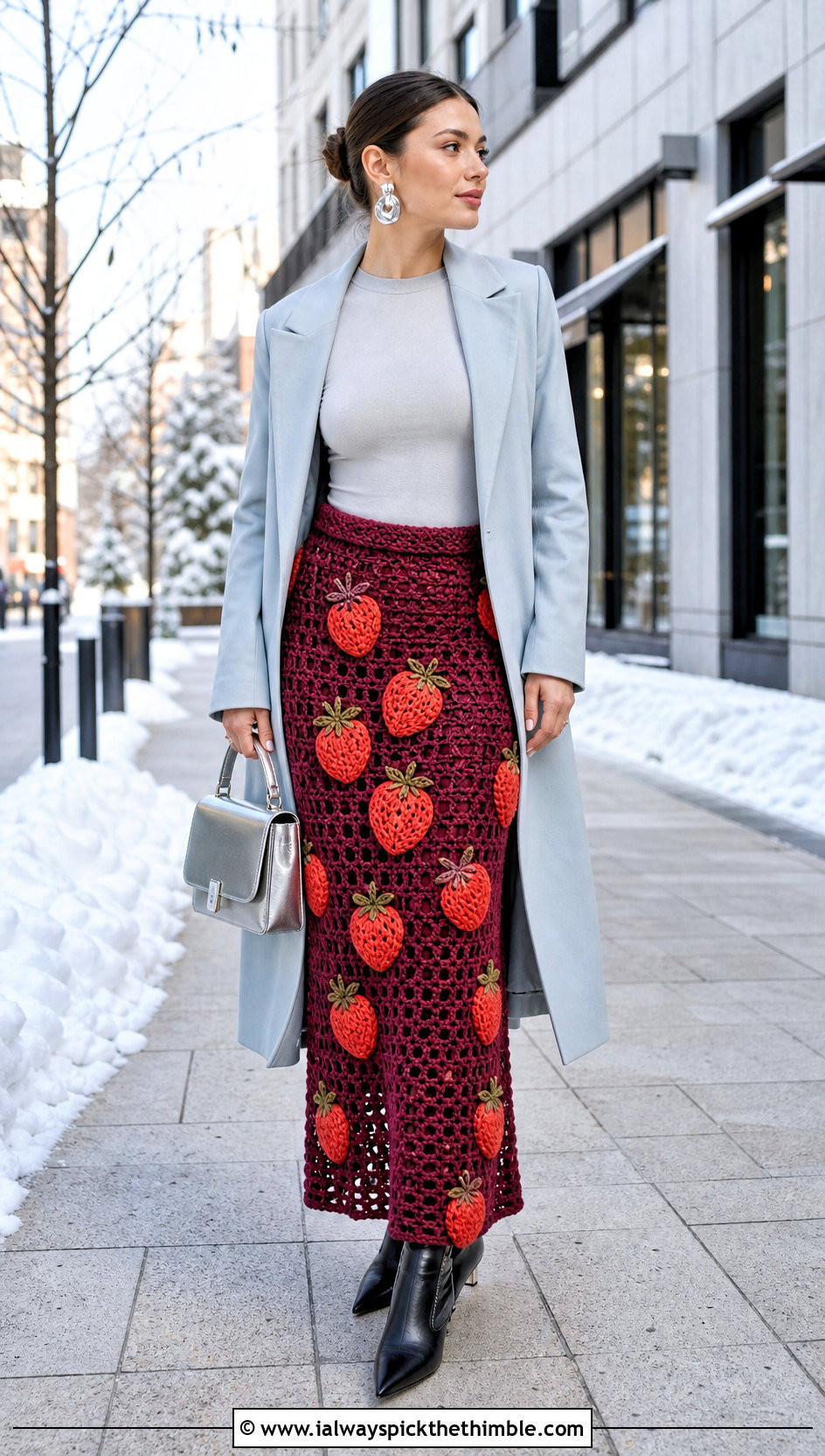 Strawberry Crochet Maxi Skirt With Tailored Coat - 20 crochet strawberry skirt outfit ideas