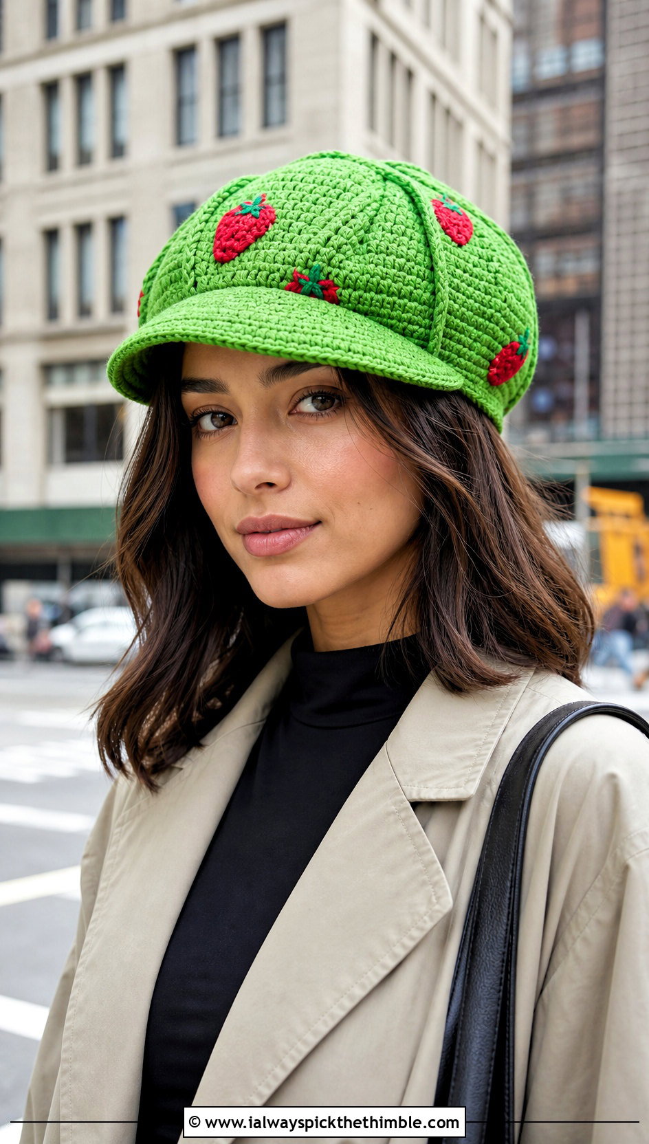 Strawberry Crochet Newsboy Cap With Trench Coat - 20 strawberry crochet hat outfit ideas