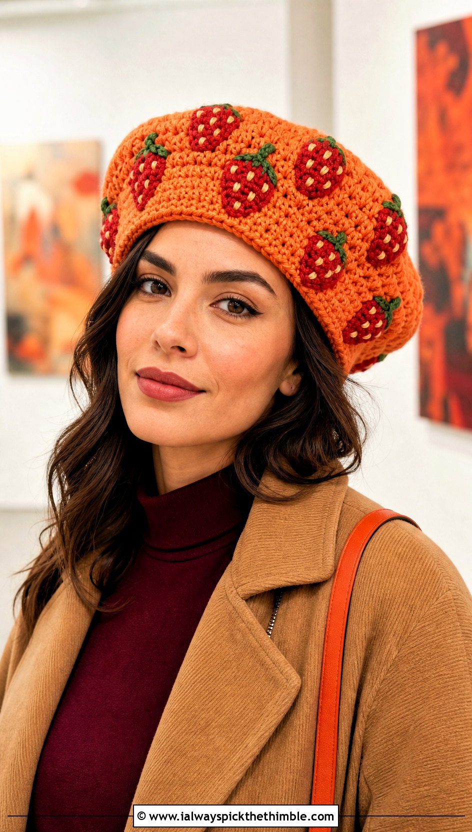 Strawberry Crochet Tam Hat With Tailored Denim - 20 strawberry crochet hat outfit ideas