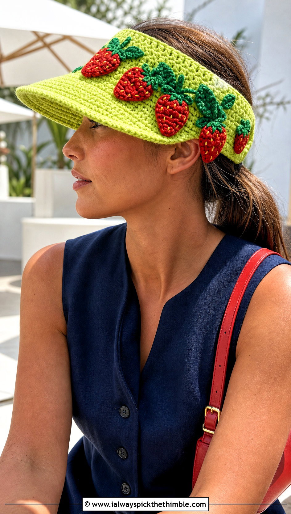 Strawberry Crochet Visor Hat With Bermuda Shorts - 20 strawberry crochet hat outfit ideas