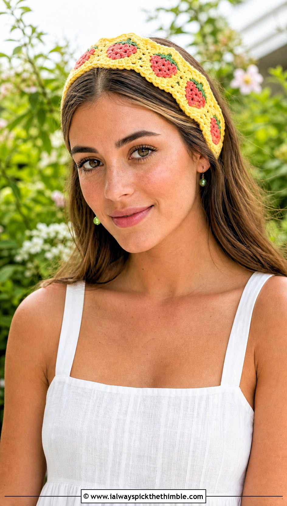 Strawberry Granny Square Headband With White Sundress - 25 Crochet Strawberry Headband outfit ideas