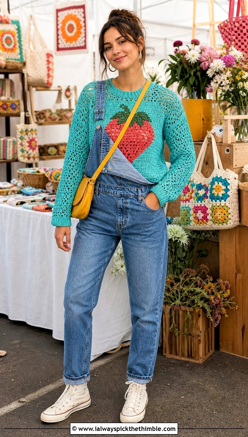Strawberry Graphic Crochet Sweater With Denim Overalls - 15 Strawberry Crochet Sweater outfit ideas