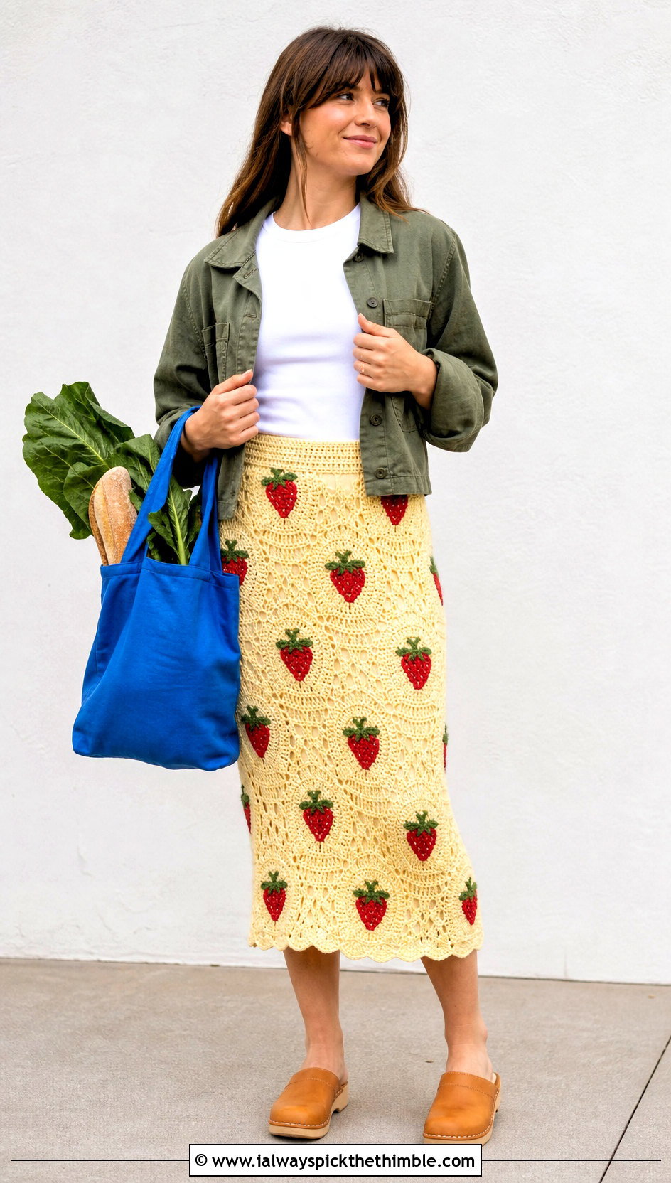 Strawberry Motif Crochet Midi Skirt With Utility Jacket - 20 crochet strawberry skirt outfit ideas