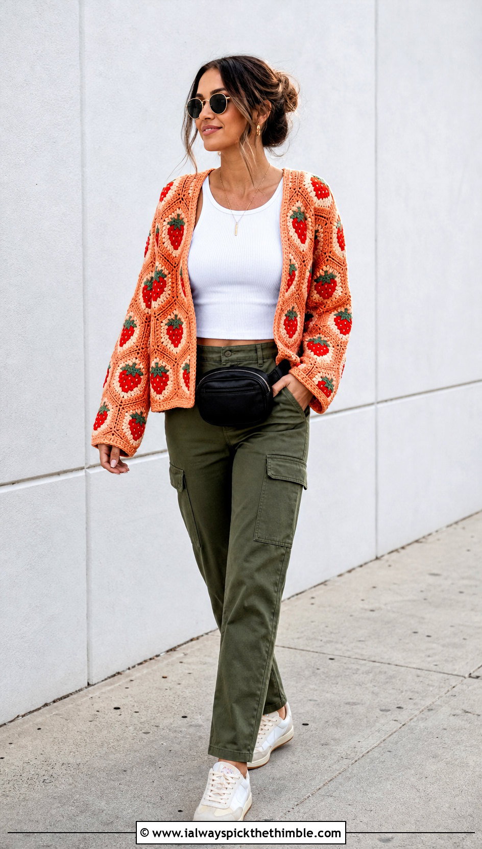 Strawberry Patch Crochet Hexagon Cardigan With Cargo Pants - 15 Strawberry Crochet Sweater outfit ideas