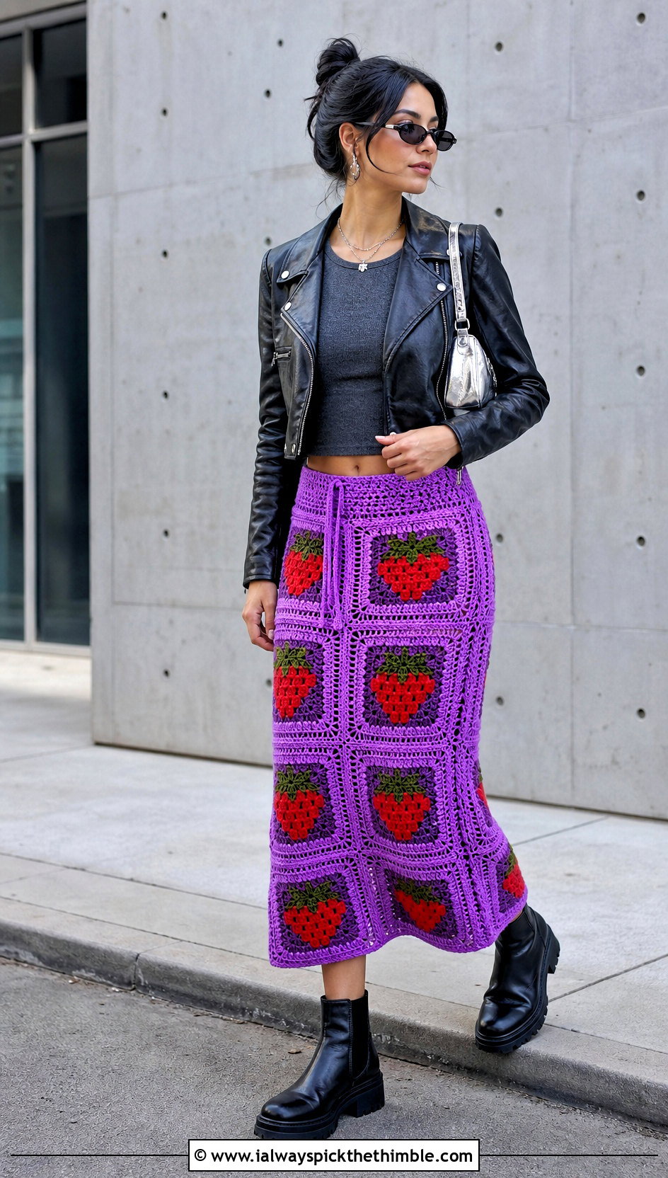 Strawberry Patchwork Crochet Skirt With Leather Jacket - 20 crochet strawberry skirt outfit ideas