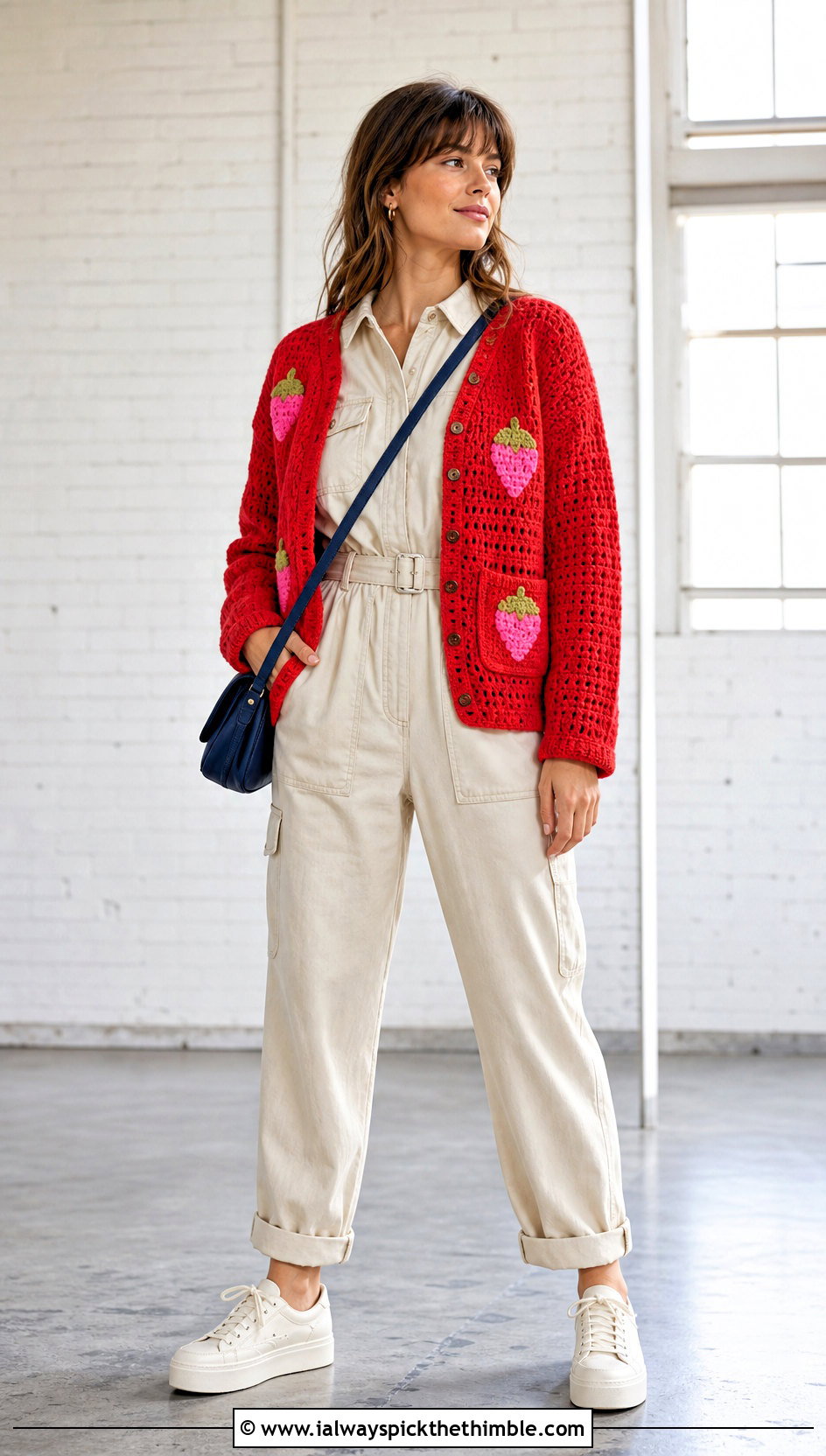 Strawberry Pocket Crochet Cardigan With Utility Jumpsuit - 25 crochet strawberry cardigan outfit ideas