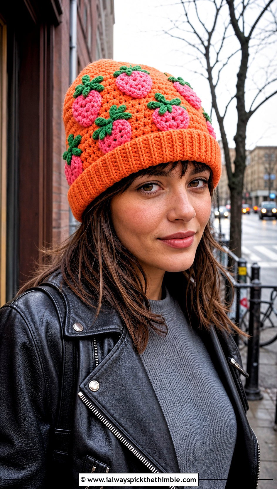 Strawberry Shortcake Crochet Beanie With Leather Jacket - 20 Strawberry Shortcake Crochet Hat outfit ideas