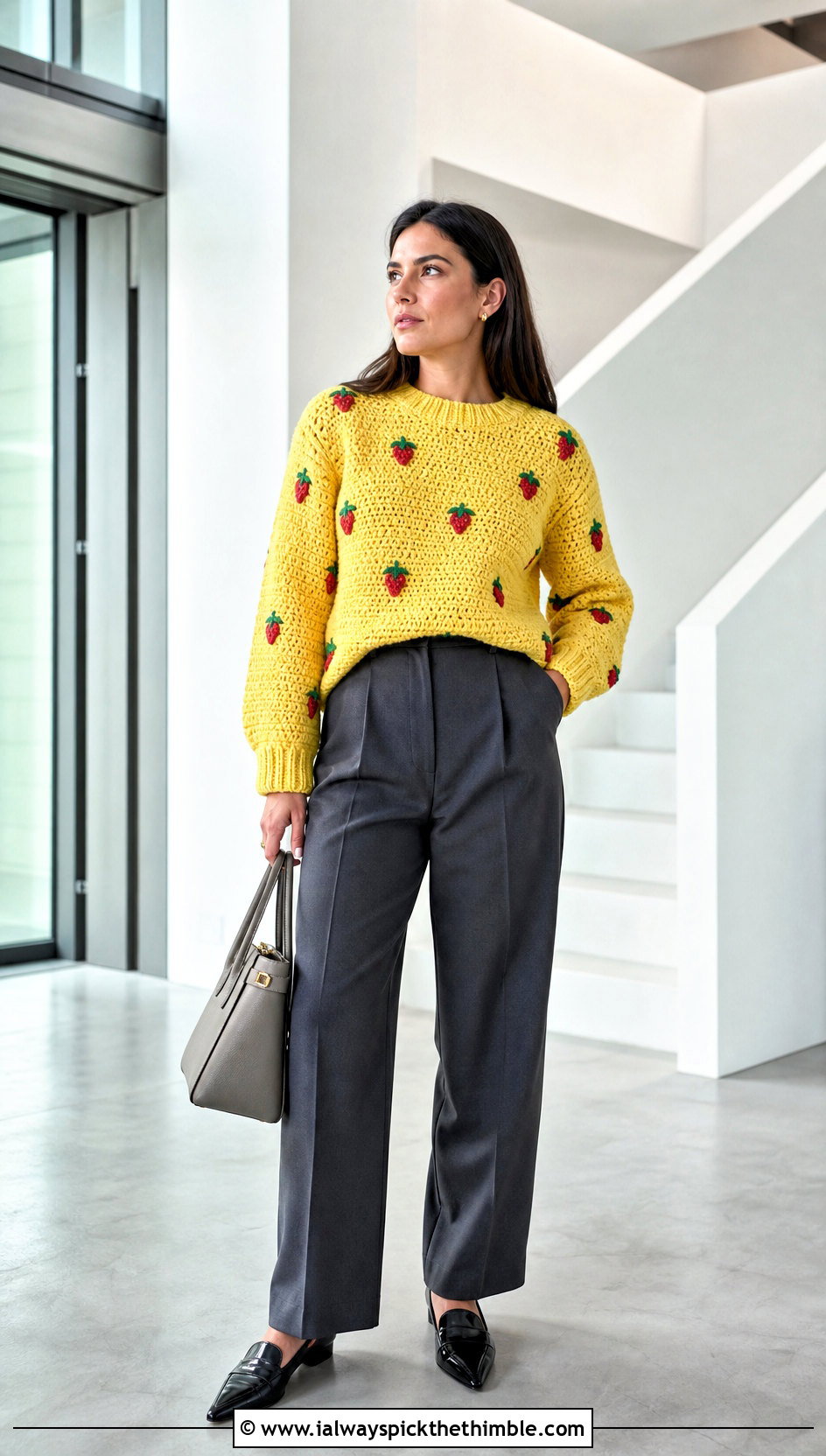 Strawberry Stitch Crochet Sweater With Tailored Trousers - 15 Strawberry Crochet Sweater outfit ideas