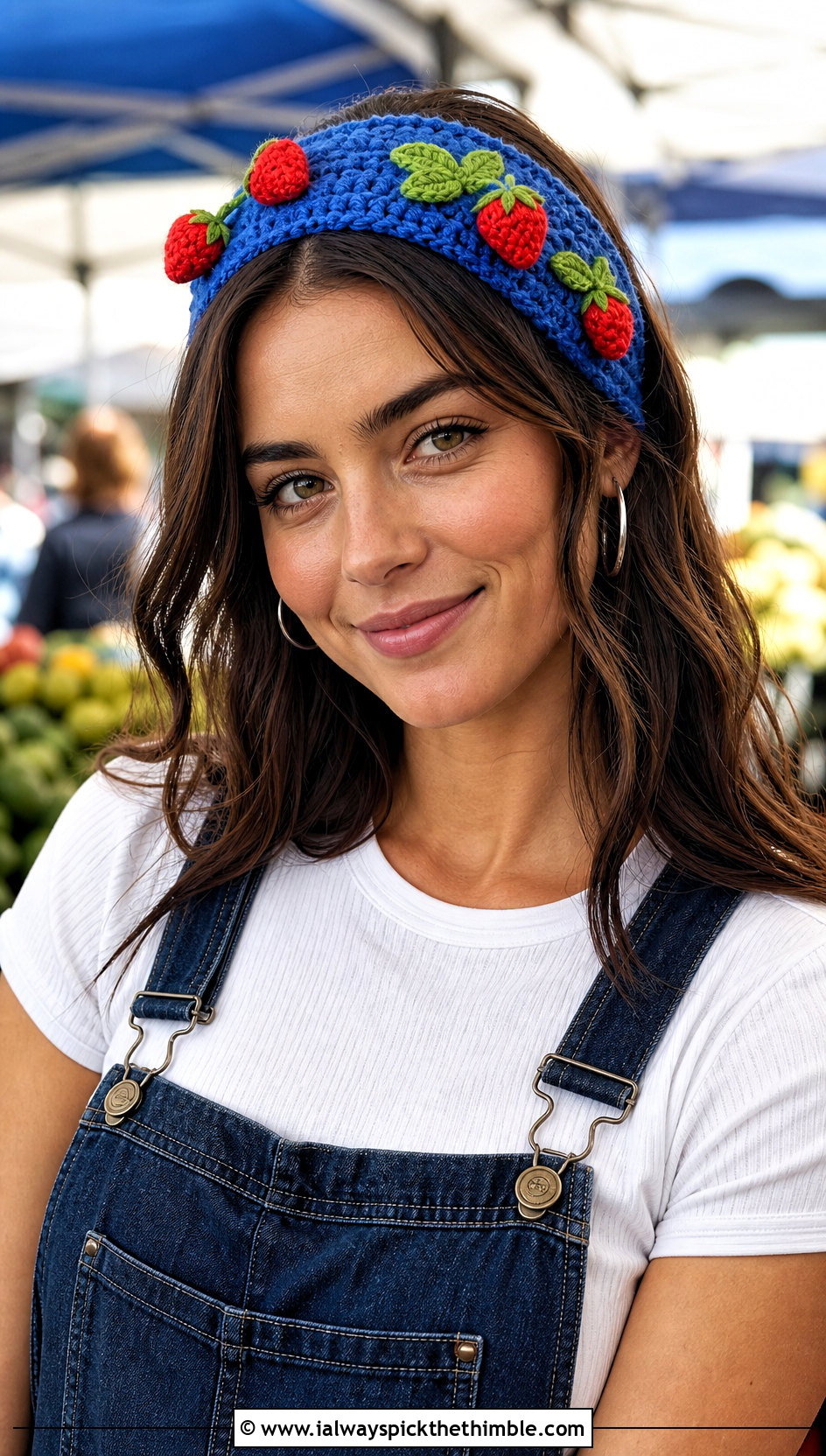Strawberry Stitch Headband With Denim Overalls - 25 Crochet Strawberry Headband outfit ideas
