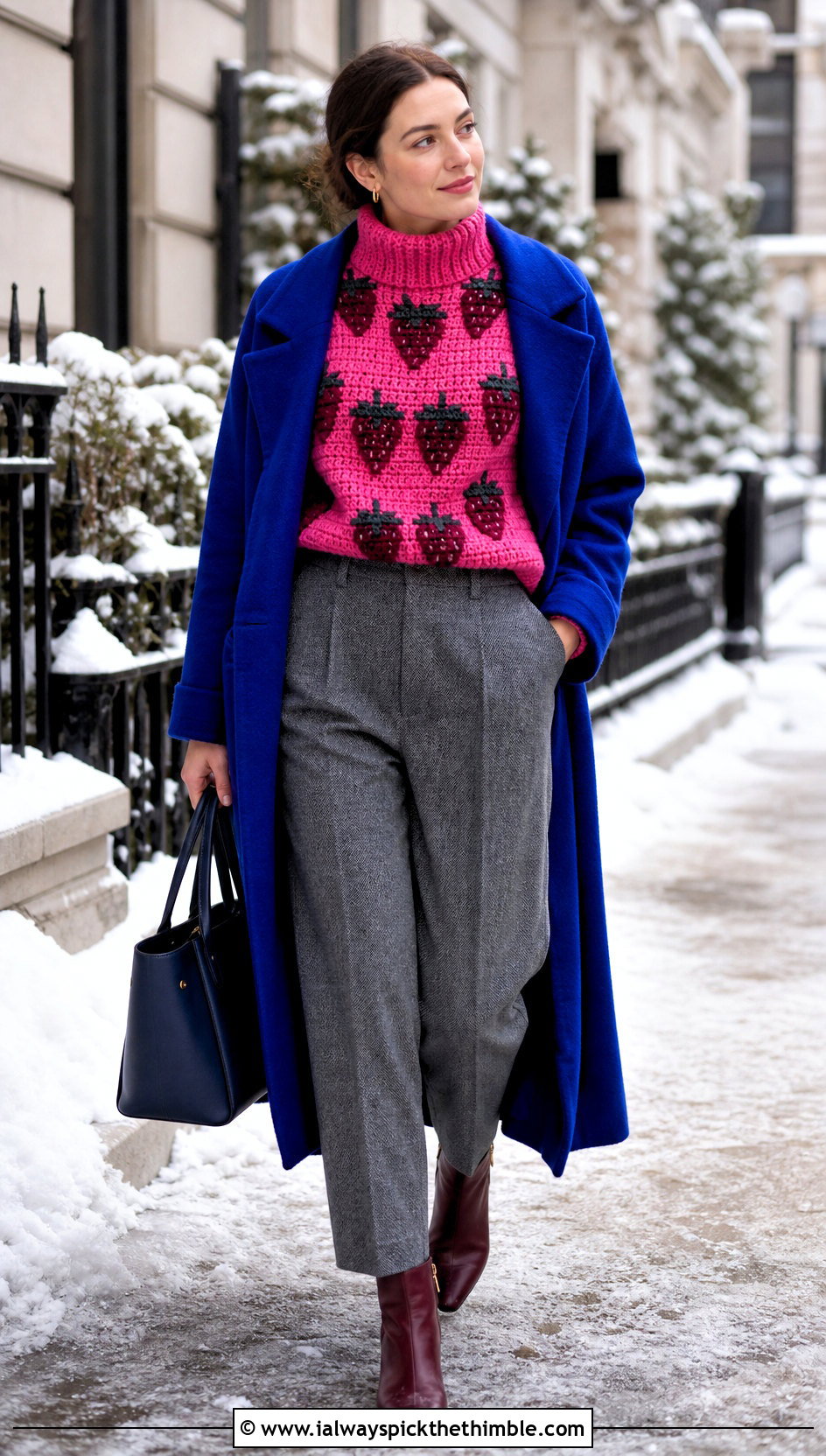 Strawberry Turtleneck Crochet Sweater With Wool Trousers - 15 Strawberry Crochet Sweater outfit ideas