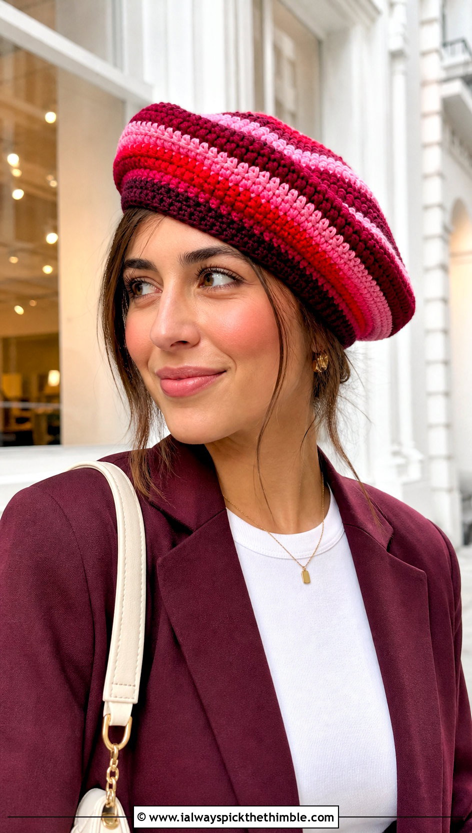 Stripe Crochet Beret With Blazer And Jeans - 15 crochet hats stripes outfit ideas