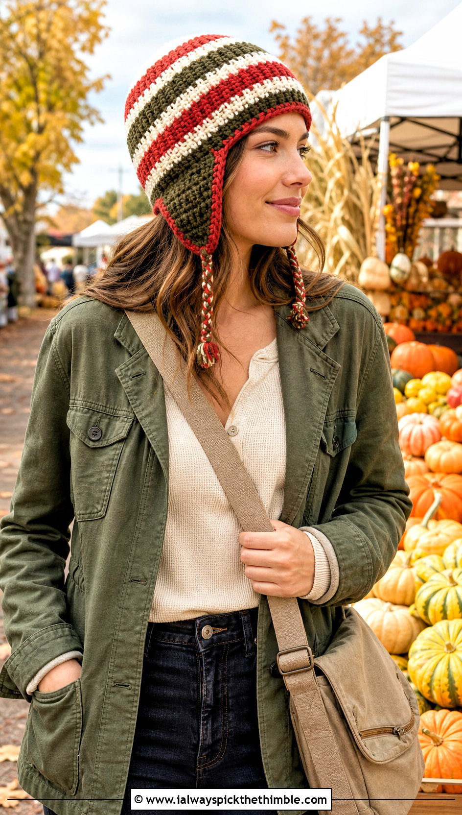 Stripe Crochet Earflap Hat With Utility Jacket - 15 crochet hats stripes outfit ideas