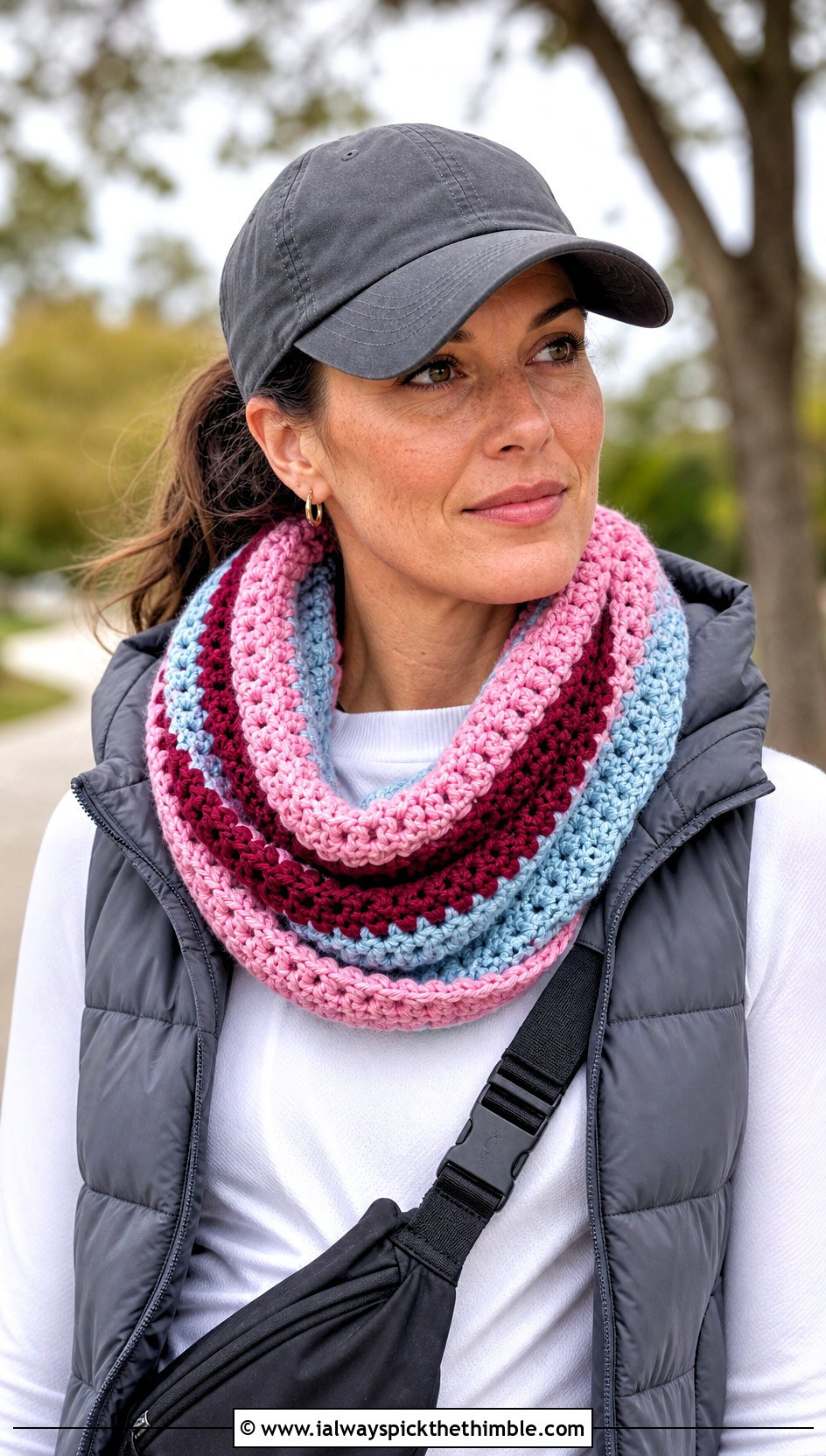 Stripe Crochet Infinity Scarf With Puffer Vest - 20 Stripe Crochet Scarf outfit ideas