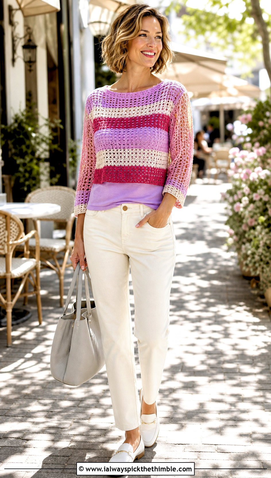 Stripe Crochet Mesh Sleeve Top With White Jeans - 20 crochet mesh sleeve top outfit ideas