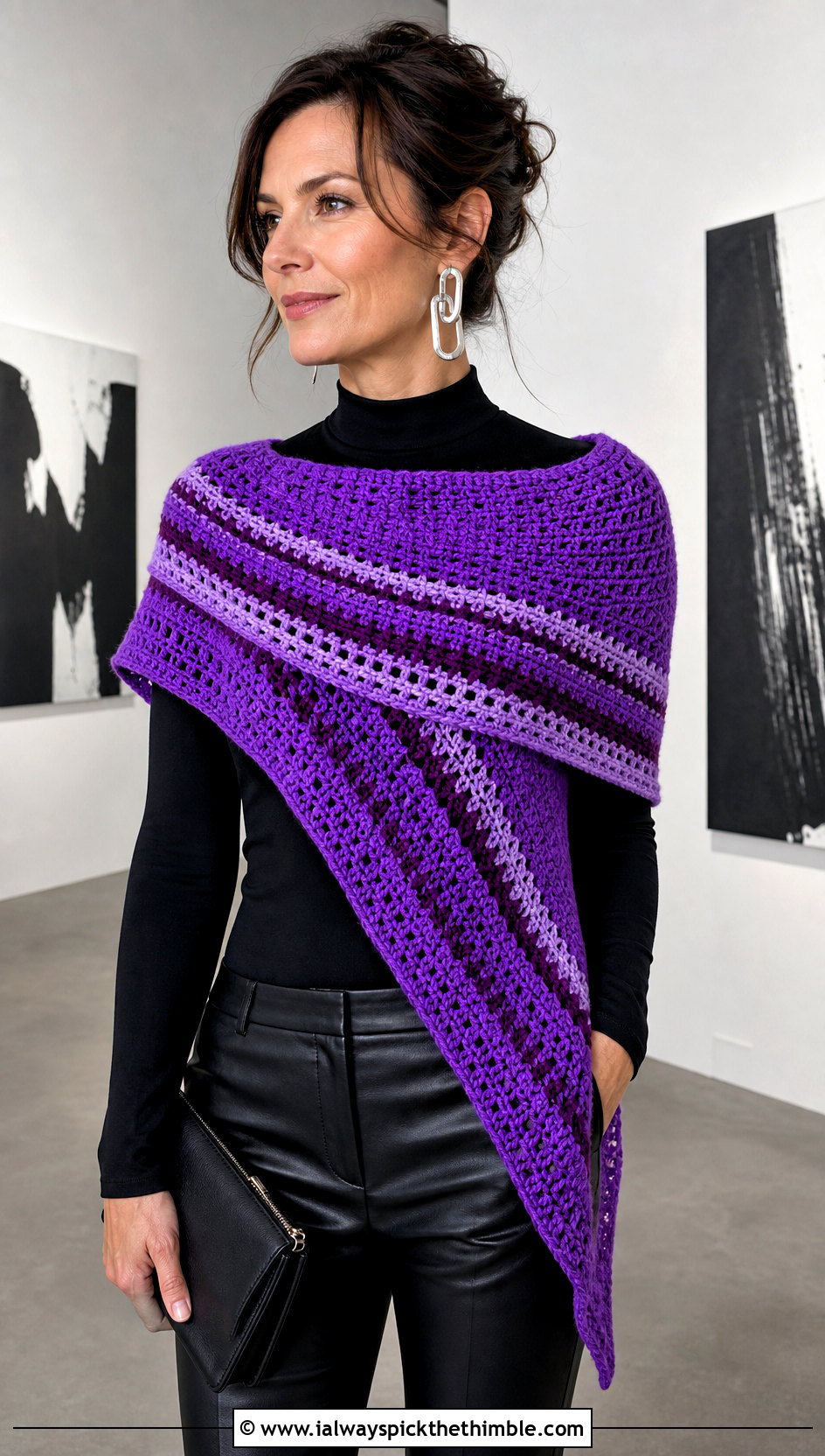 Striped Asymmetrical Crochet Shawl With Leather Pants - 20 asymmetrical crochet shawl outfit ideas