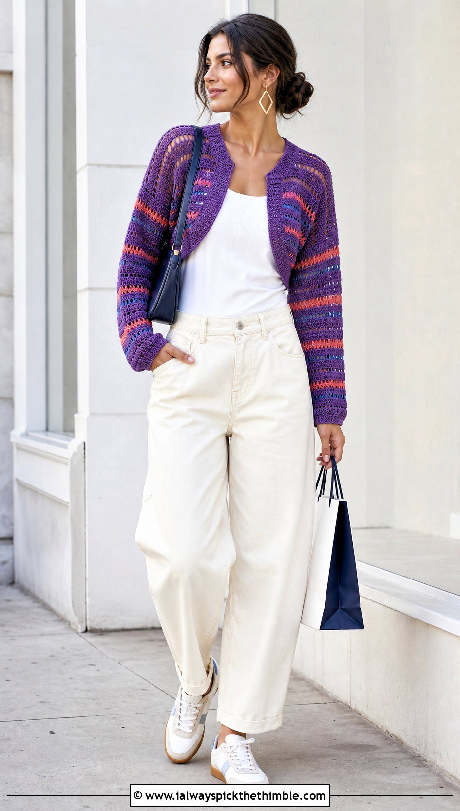 Striped Ballet Crochet Shrug With White Jeans - 20 Ballet Crochet Shrug outfit ideas