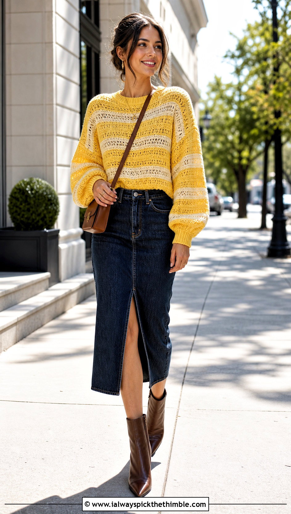 Striped Balloon Sleeve Crochet Sweater With Denim Midi Skirt - 20 Easy Crochet Sweater For Women outfit ideas