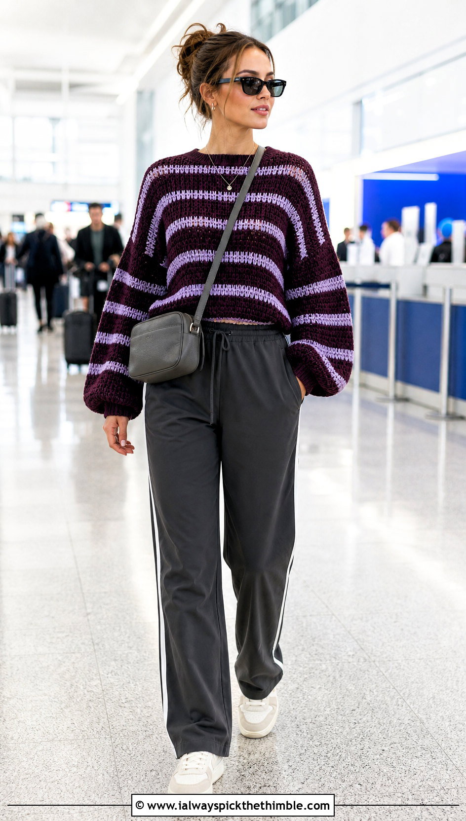 Striped Balloon Sleeve Crochet Sweater With Track Pants - 15 Puffy Crochet Sweater outfit ideas