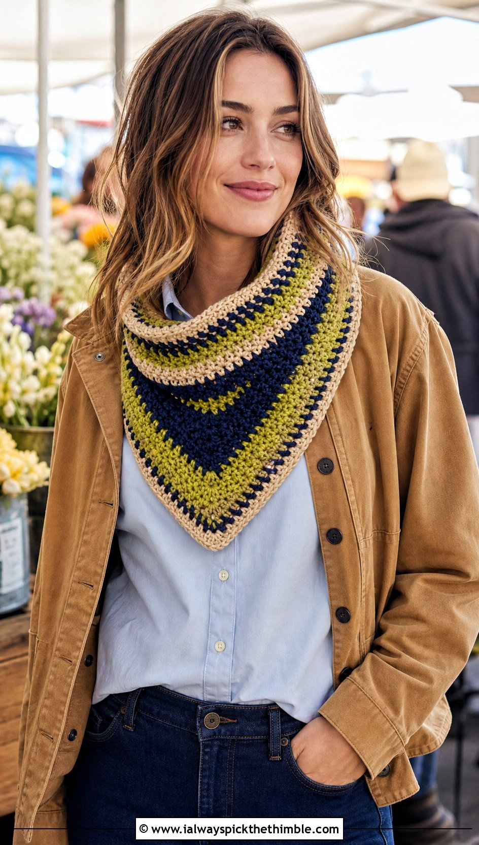 Striped Bandana Crochet Cowl With Barn Jacket - 15 striped crochet cowl outfit ideas