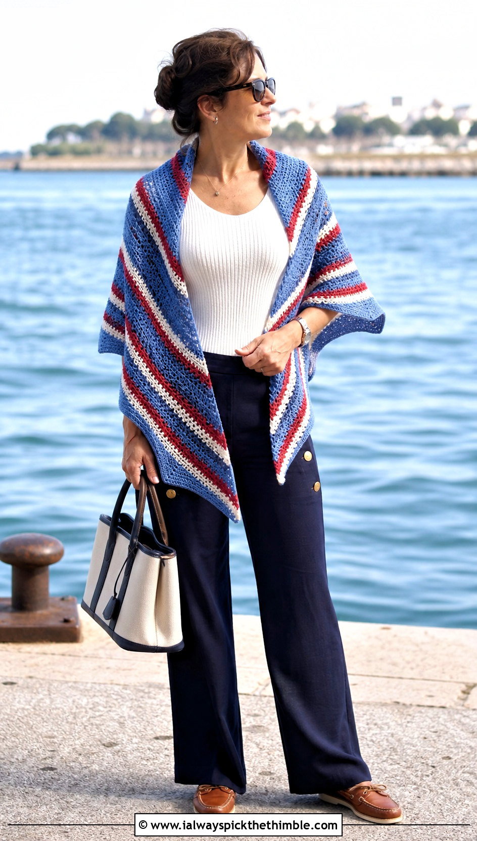 Striped Bat Wing Crochet Shawl With Sailor Trousers - 20 bat wing crochet shawl outfit ideas