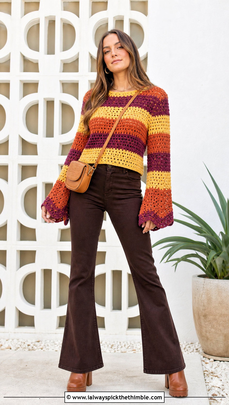Striped Bell Sleeve Crochet Sweater With Flared Pants - 20 vintage crochet sweater outfit ideas