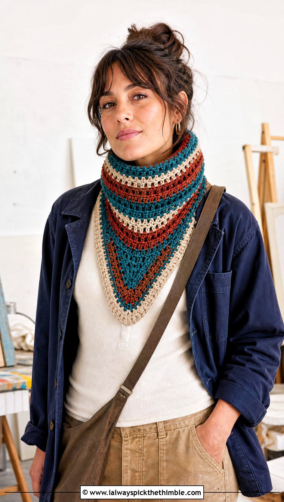 Striped Bib Crochet Cowl With Chore Coat - 15 striped crochet cowl outfit ideas