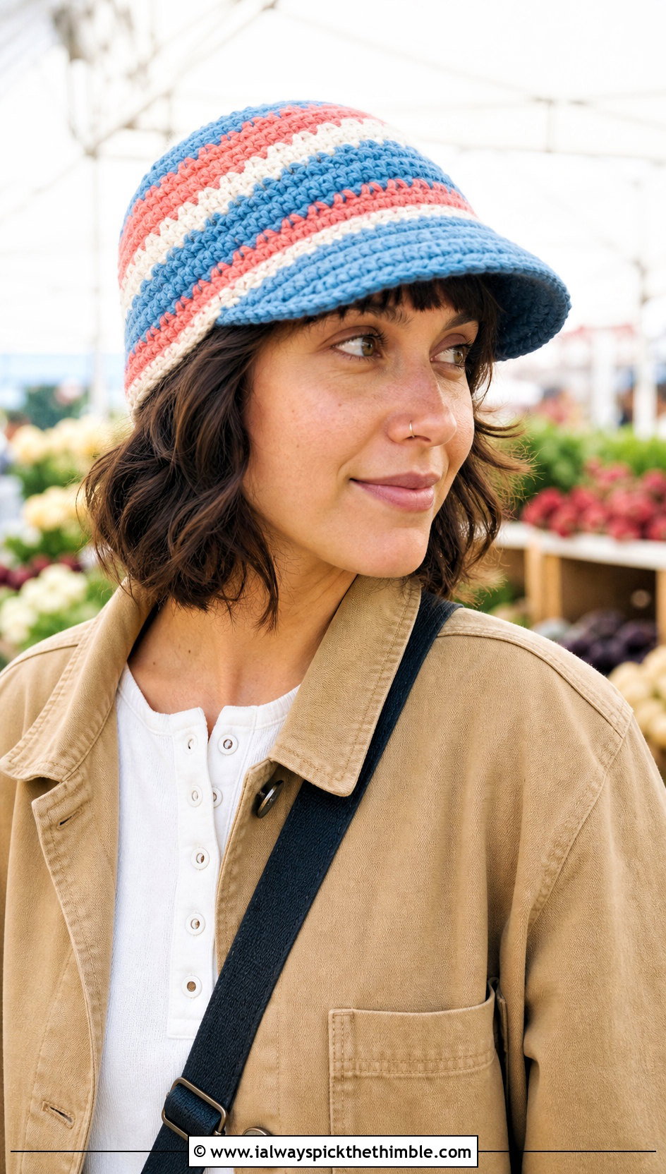 Striped Bill Crochet Beanie With Chore Jacket - 15 Brimmed Crochet Beanie outfit ideas
