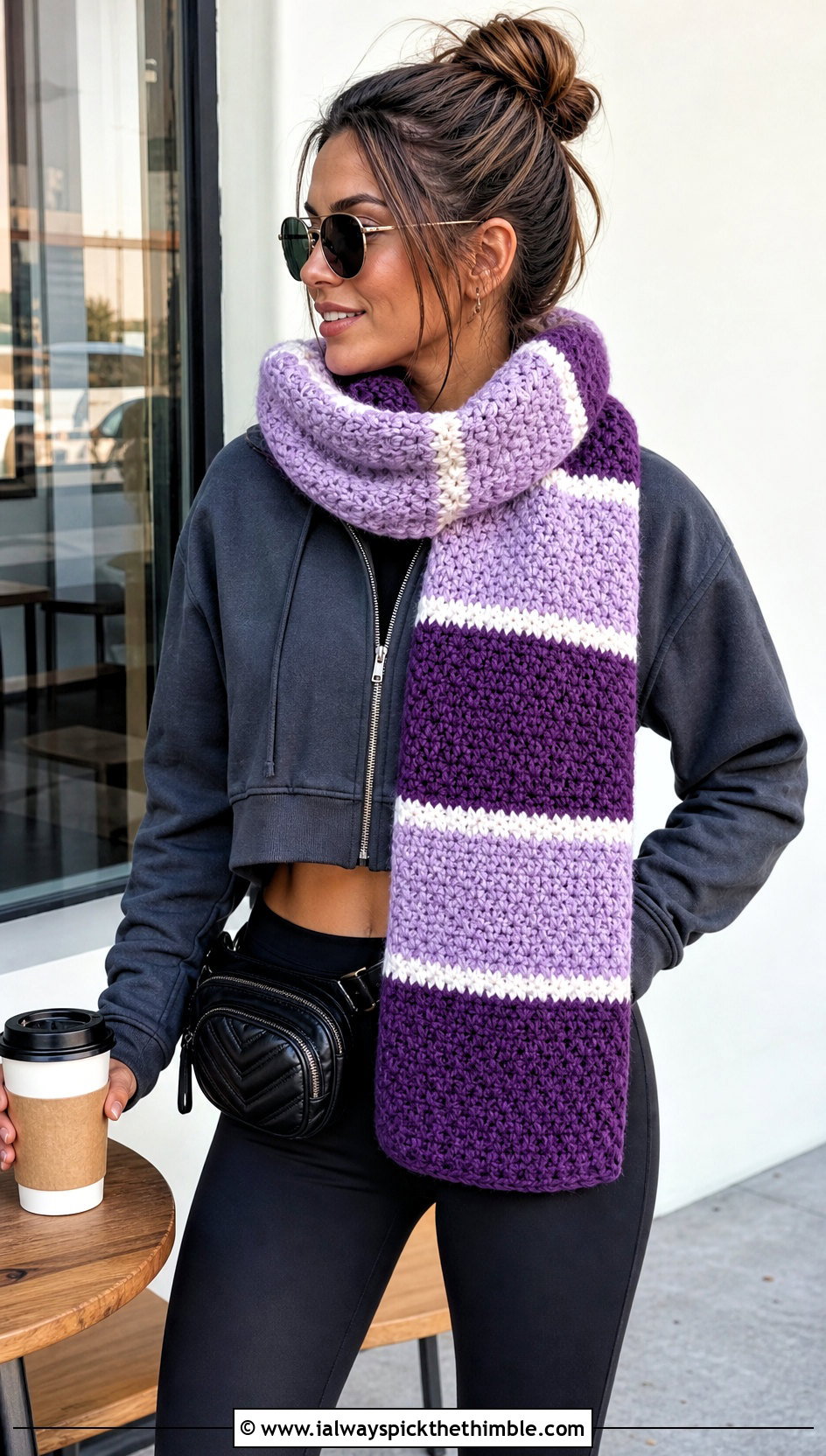 Striped Blanket Crochet Wide Scarf With Leggings - 20 Crochet Wide Scarf outfit ideas