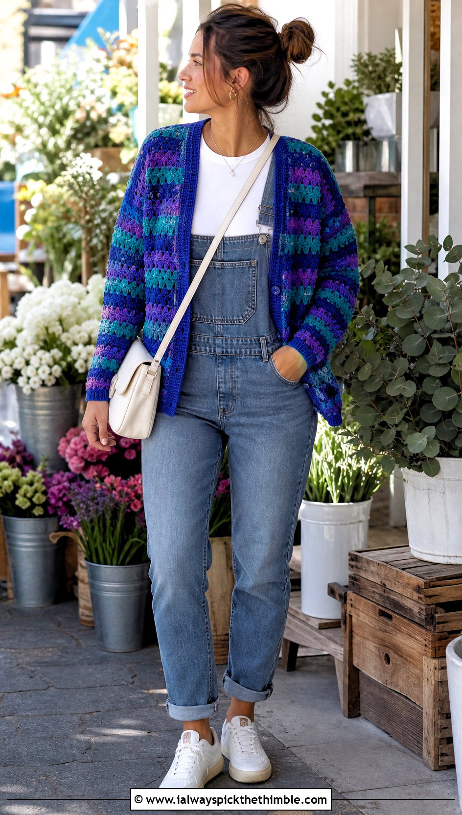 Striped Blue Crochet Cardigan With Denim Overalls - 25 blue crochet cardigan outfit ideas