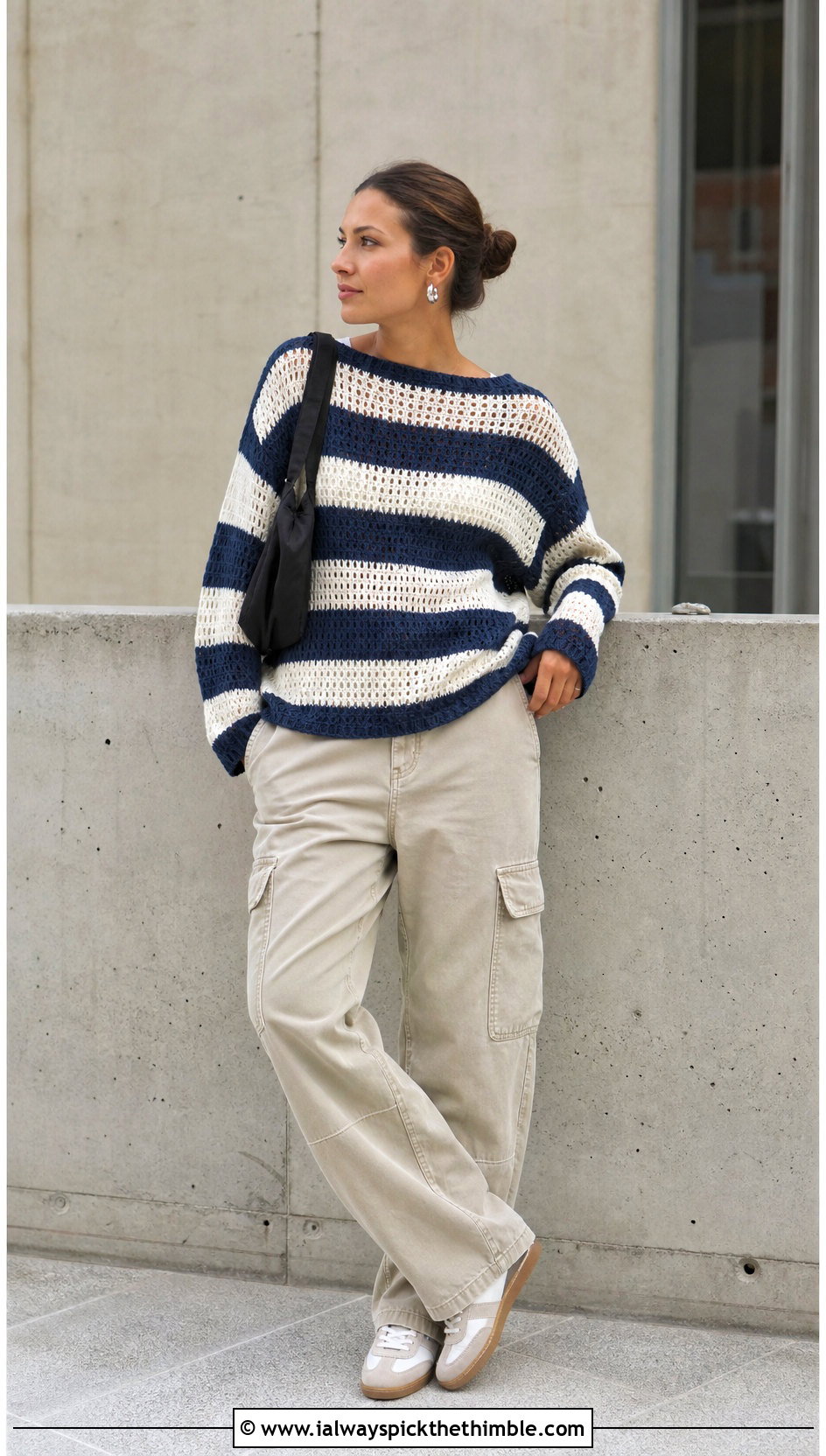 Striped Boat Neck Crochet Sweater With Cargo Pants - 25 easy crochet sweaters outfit ideas