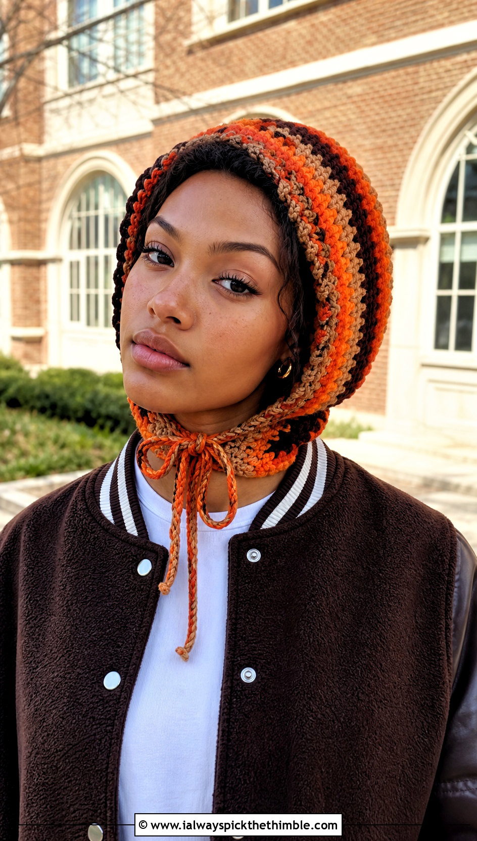 Striped Bonnet Crochet Balaclava With Varsity Jacket - 15 Striped Crochet Balaclava outfit ideas