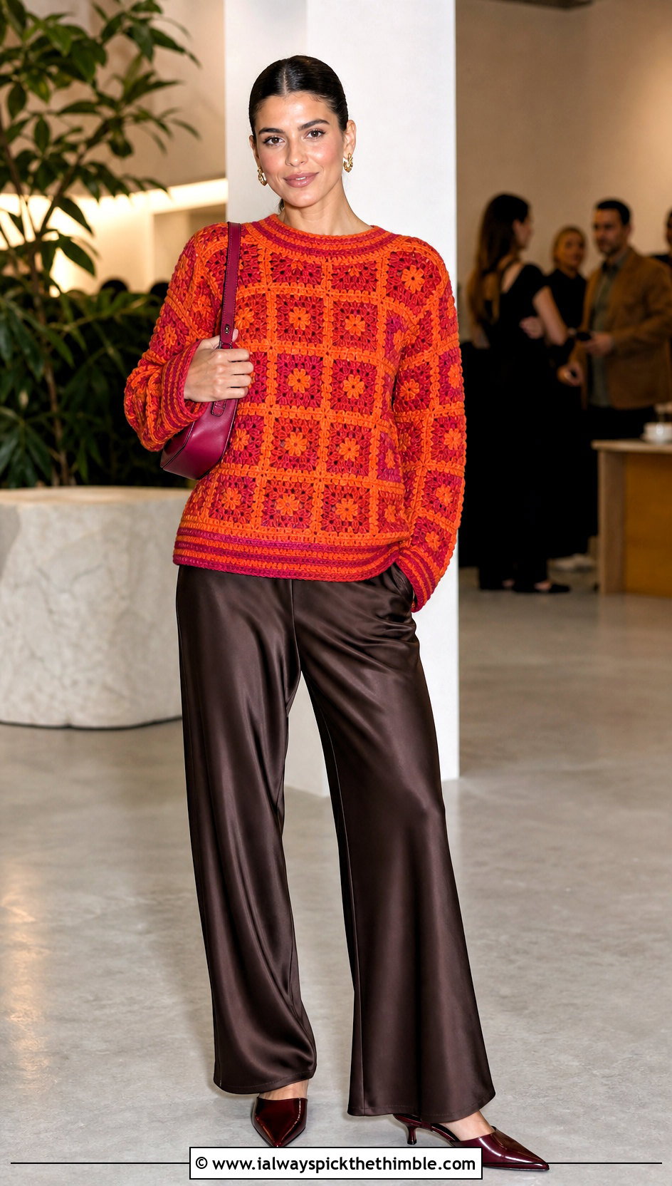 Striped Border Checkered Crochet Sweater With Satin Pants - 20 checkered crochet sweater outfit ideas