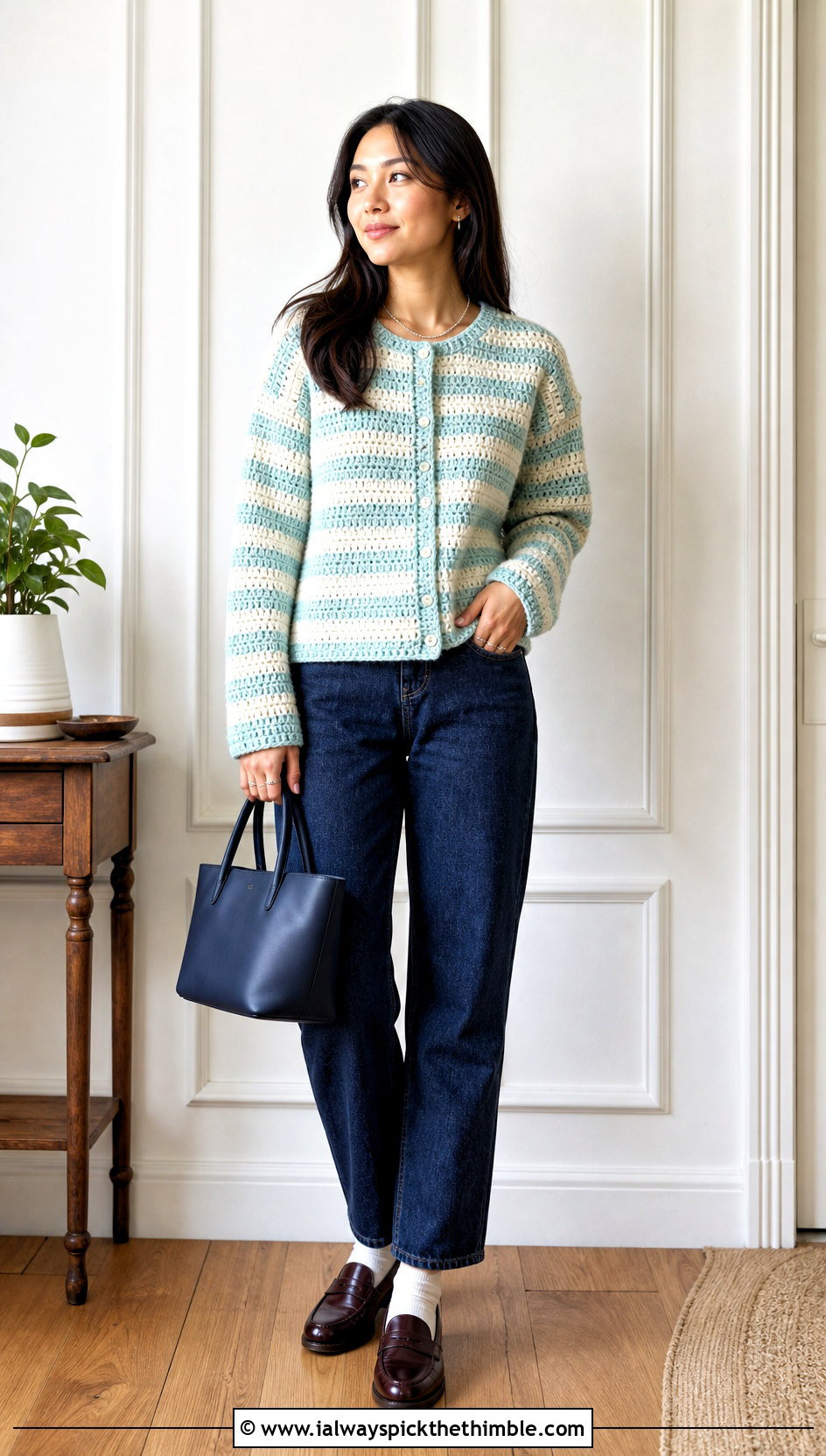 Striped Boxy Crochet Button Down Cardigan With Straight Leg Jeans - 20 crochet button down cardigan outfit ideas