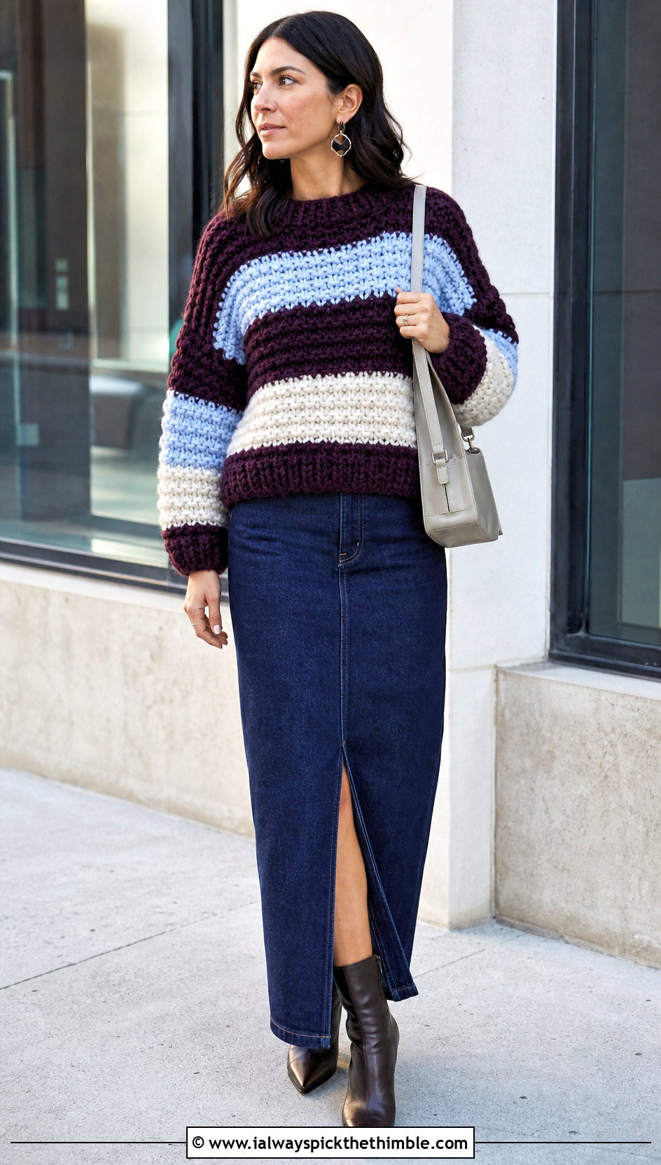 Striped Boxy Super Bulky Crochet Sweater With Denim Maxi Skirt - 20 Super Bulky Crochet Sweater outfit ideas