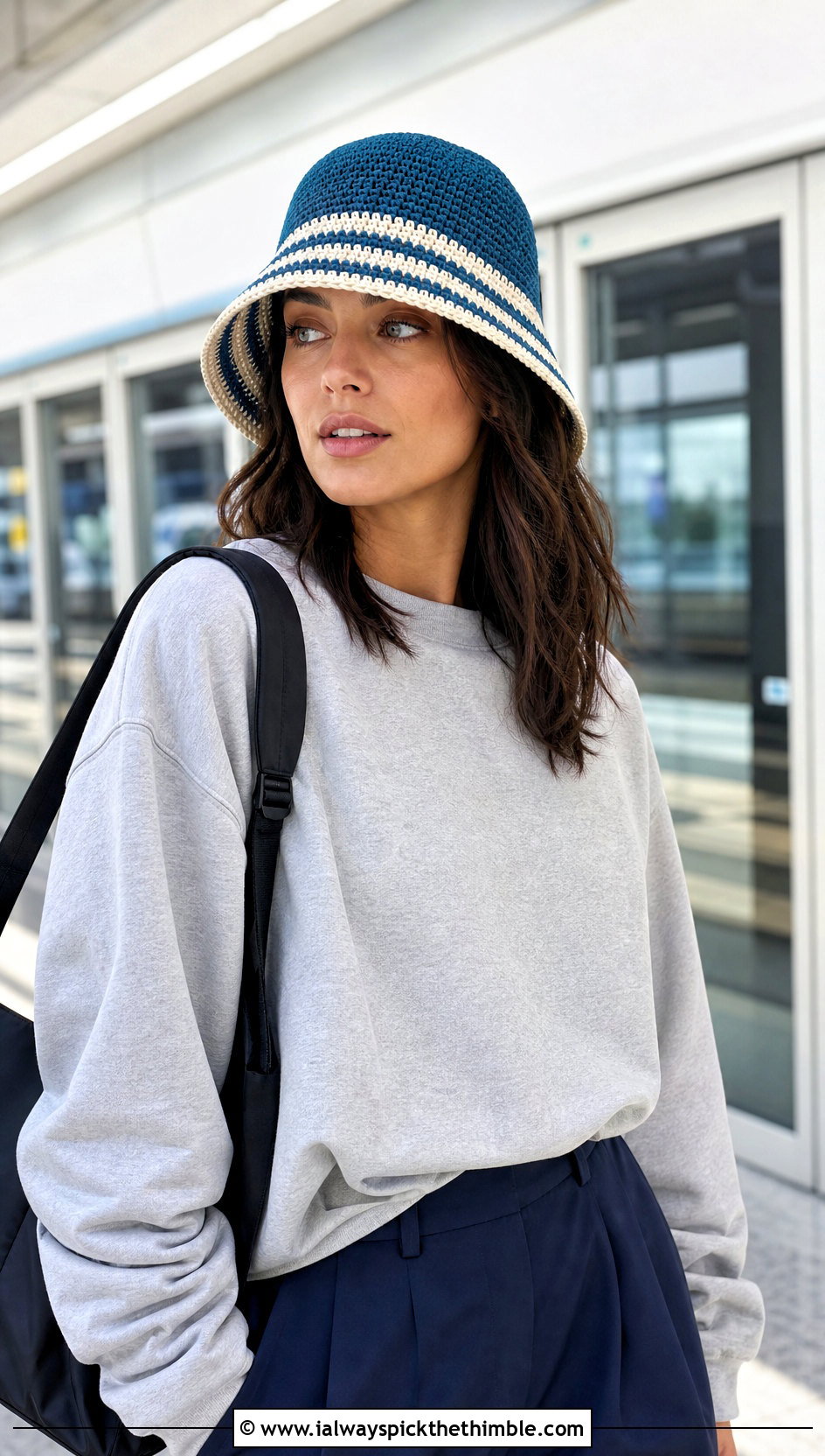 Striped Brim Crochet Hat With Sweatshirt And Trousers - 20 Easy Crochet Hats With Brim outfit ideas