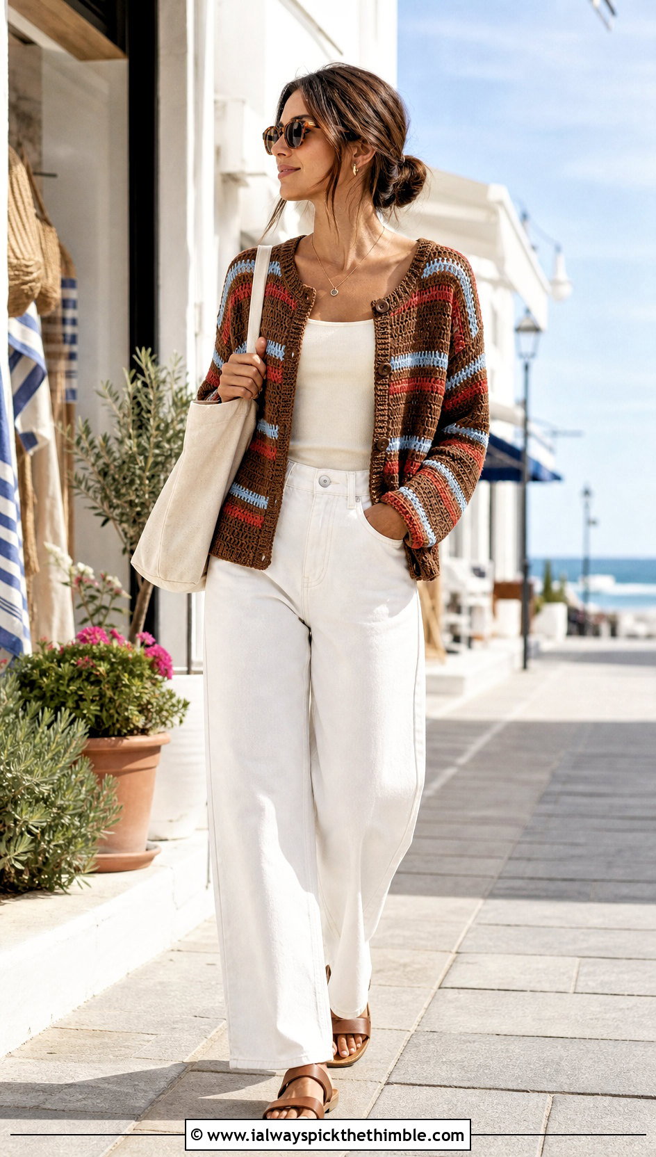 Striped Brown Crochet Cardigan With White Jeans - 25 Brown Crochet Cardigan outfit ideas