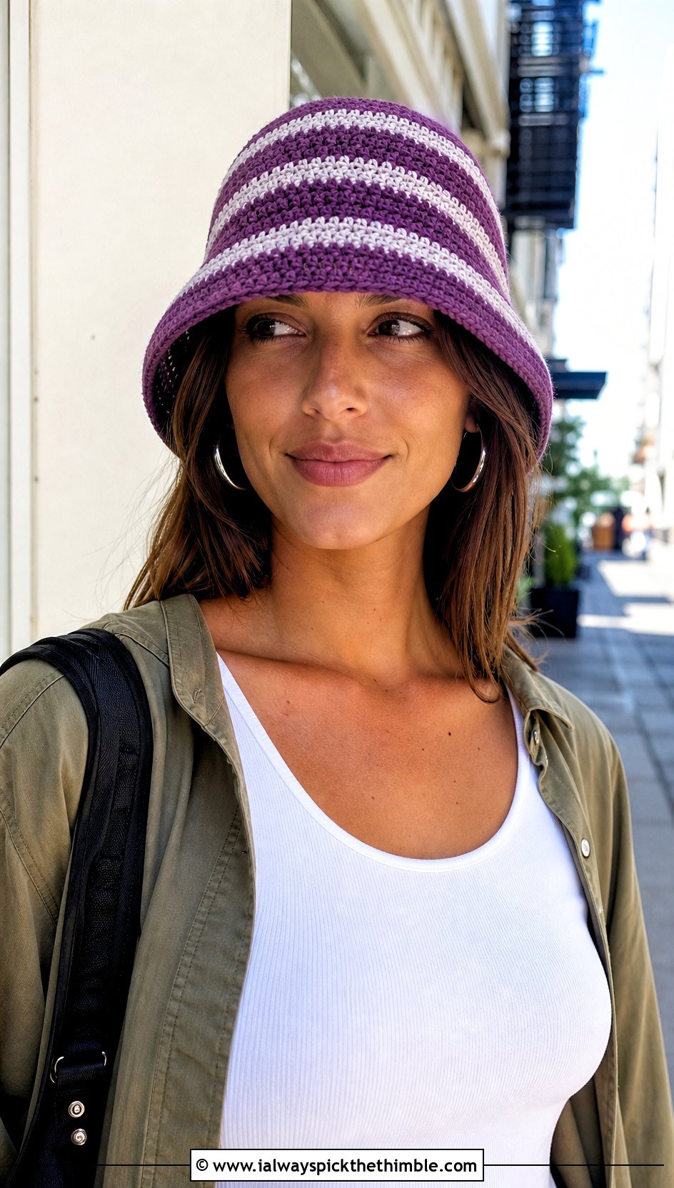 Striped Bucket Crochet Sun Hat With Cargo Pants - 20 Easy Crochet Sun Hat outfit ideas
